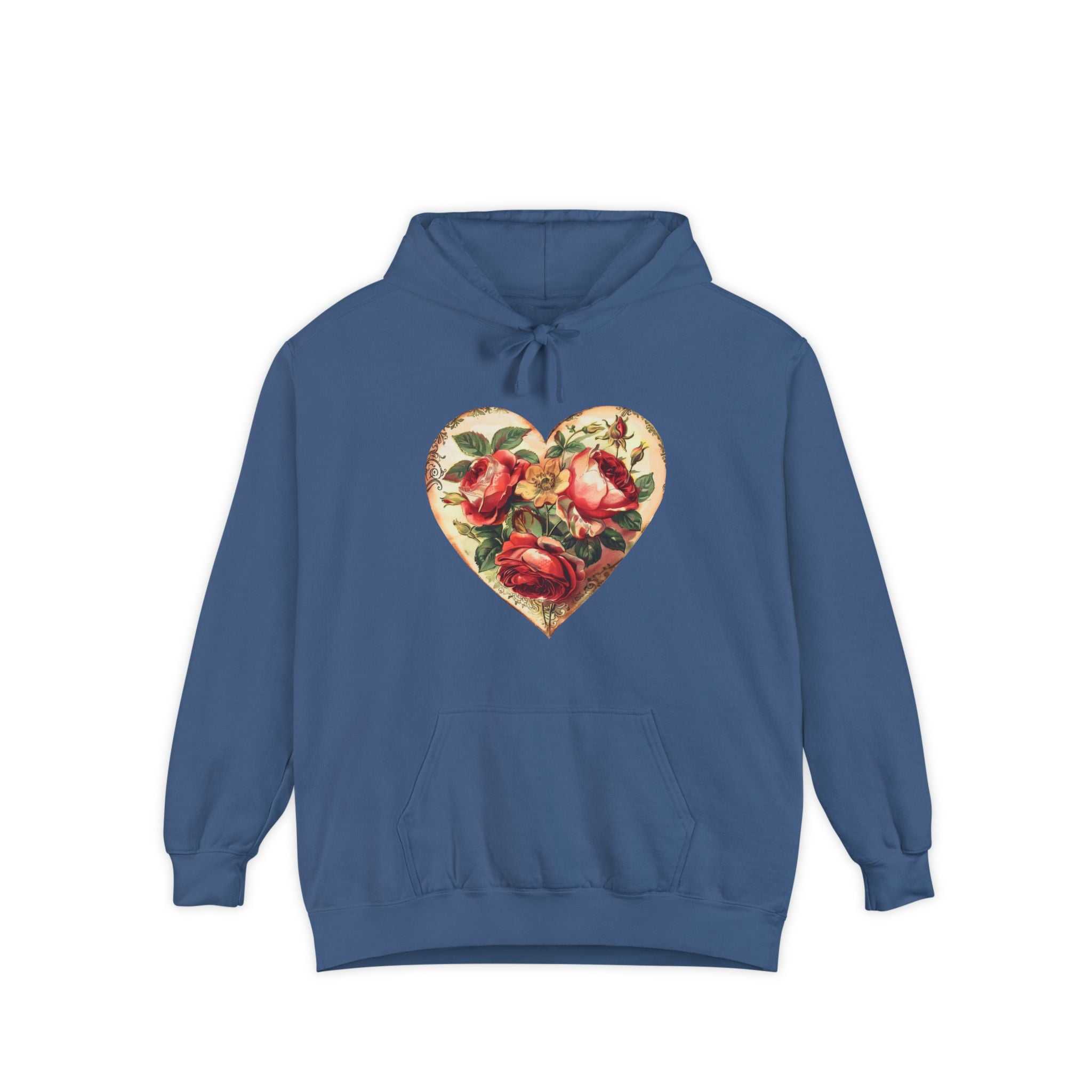 Blue hoodie with a heart-shaped rose design on a white background