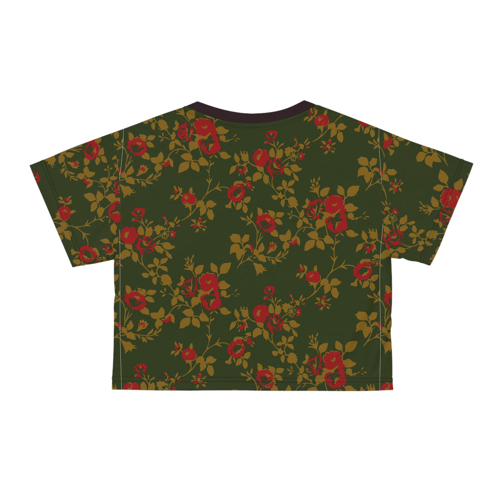 Floral Vintage Rose Crop Tee — Green All-Over Print