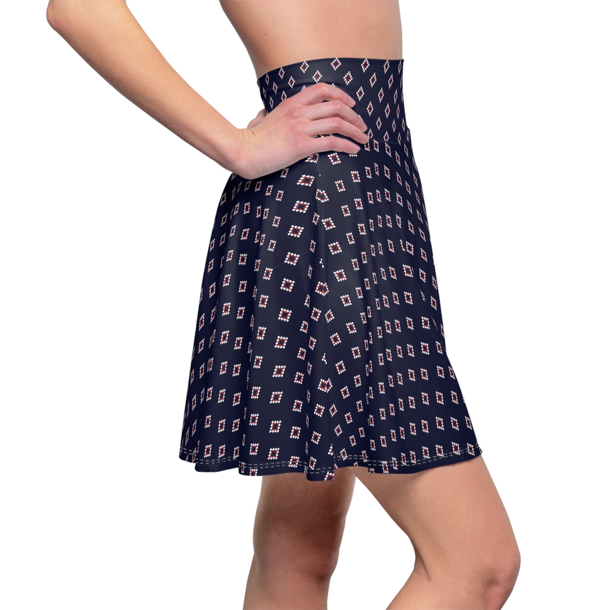 Navy Geo Diamond Skirt – Retro Mod Pattern, High-Waist Flared A-Line