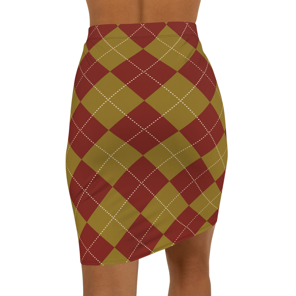 Maroon Olive Argyle Pencil Skirt | Plaid Pattern