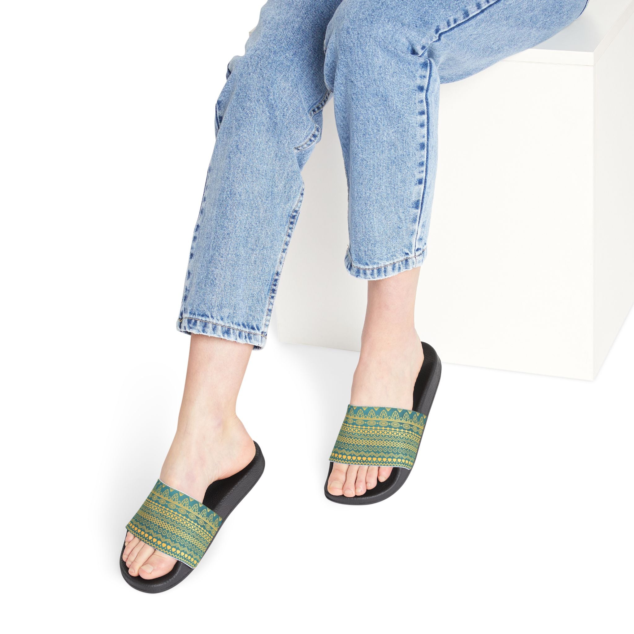 Slide Sandals — Green Gold Boho Pattern Removable-Strap Slides