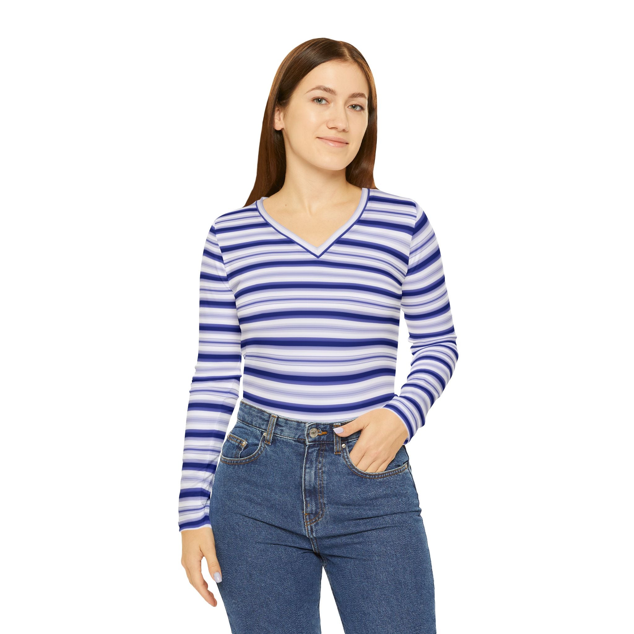 Women's Blue Stripe V-Neck Long Sleeve Shirt