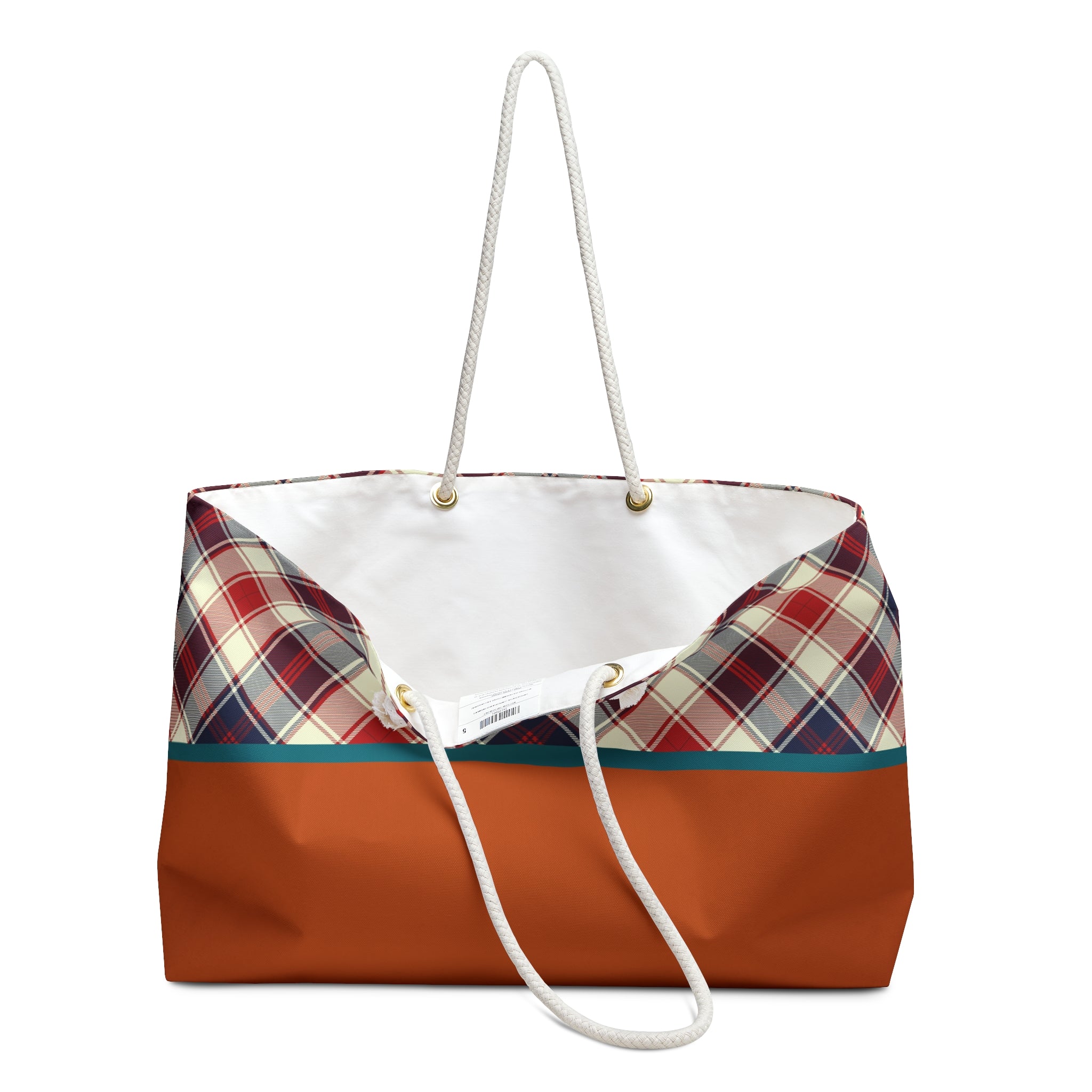 A tote bag with a solid rust-orange bottom half, a white top band, and a red, beige, and white plaid pattern on the upper half. It features white rope handles and is photographed against a plain white background.