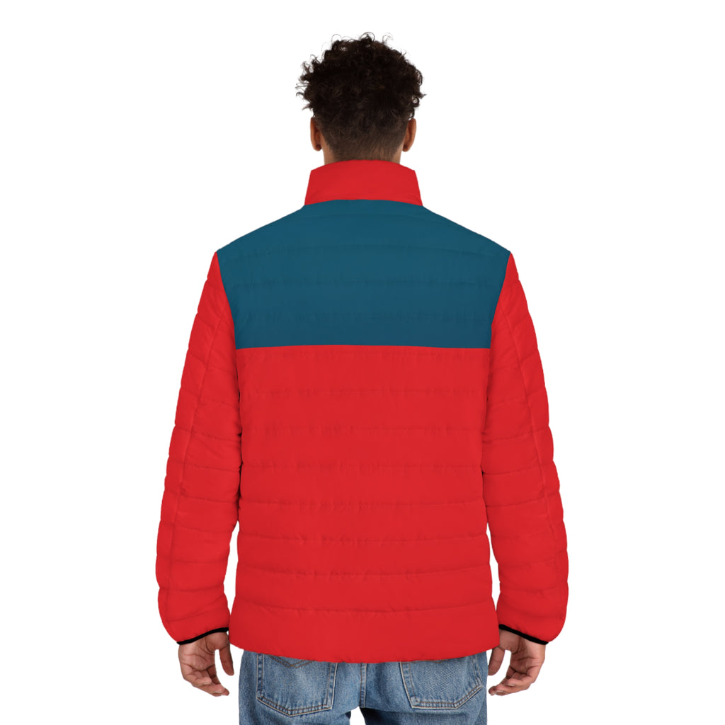 Men's Colorblock Puffer Jacket – Red & Teal Lightweight Insulated Coat