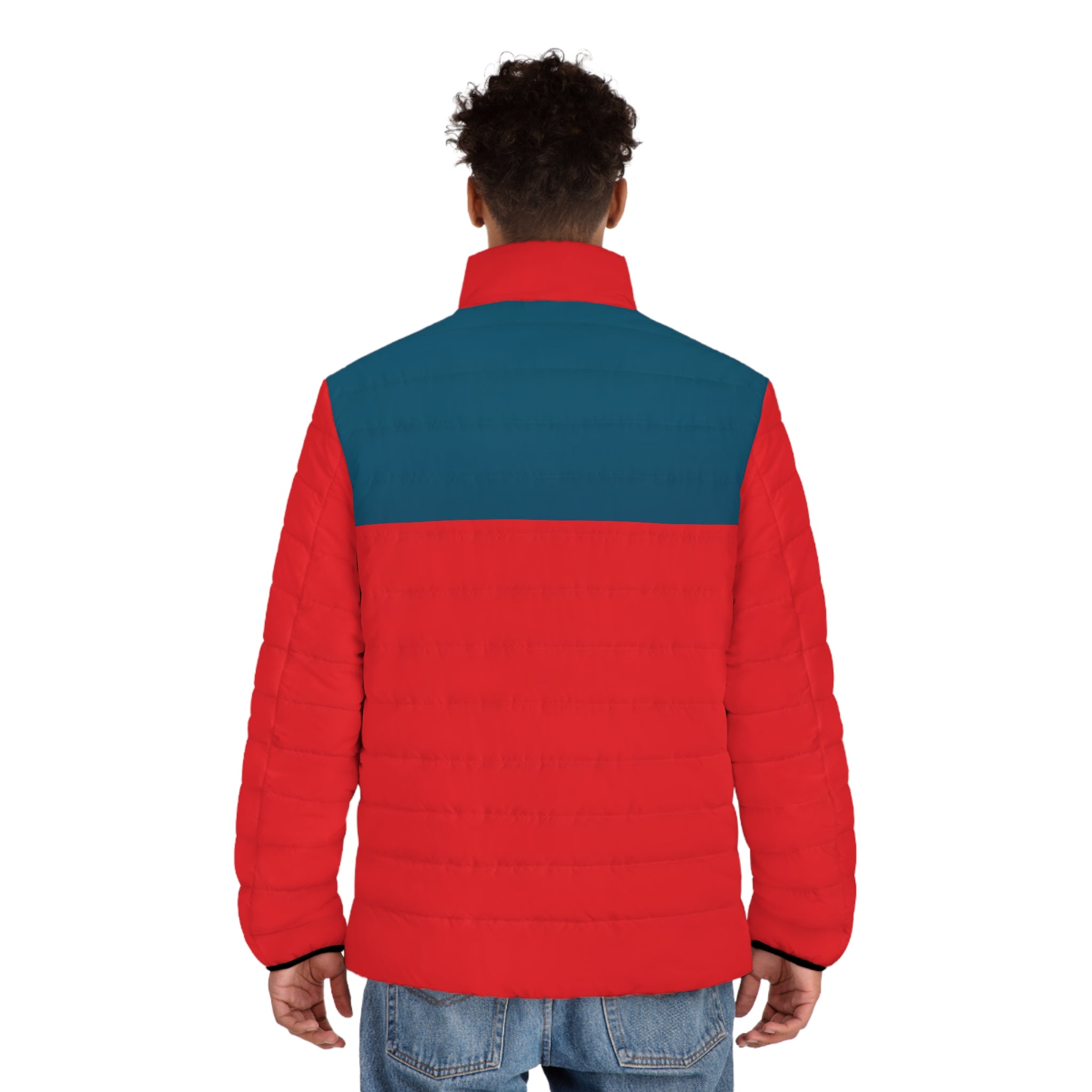 Men's Colorblock Puffer Jacket – Red & Teal Lightweight Insulated Coat