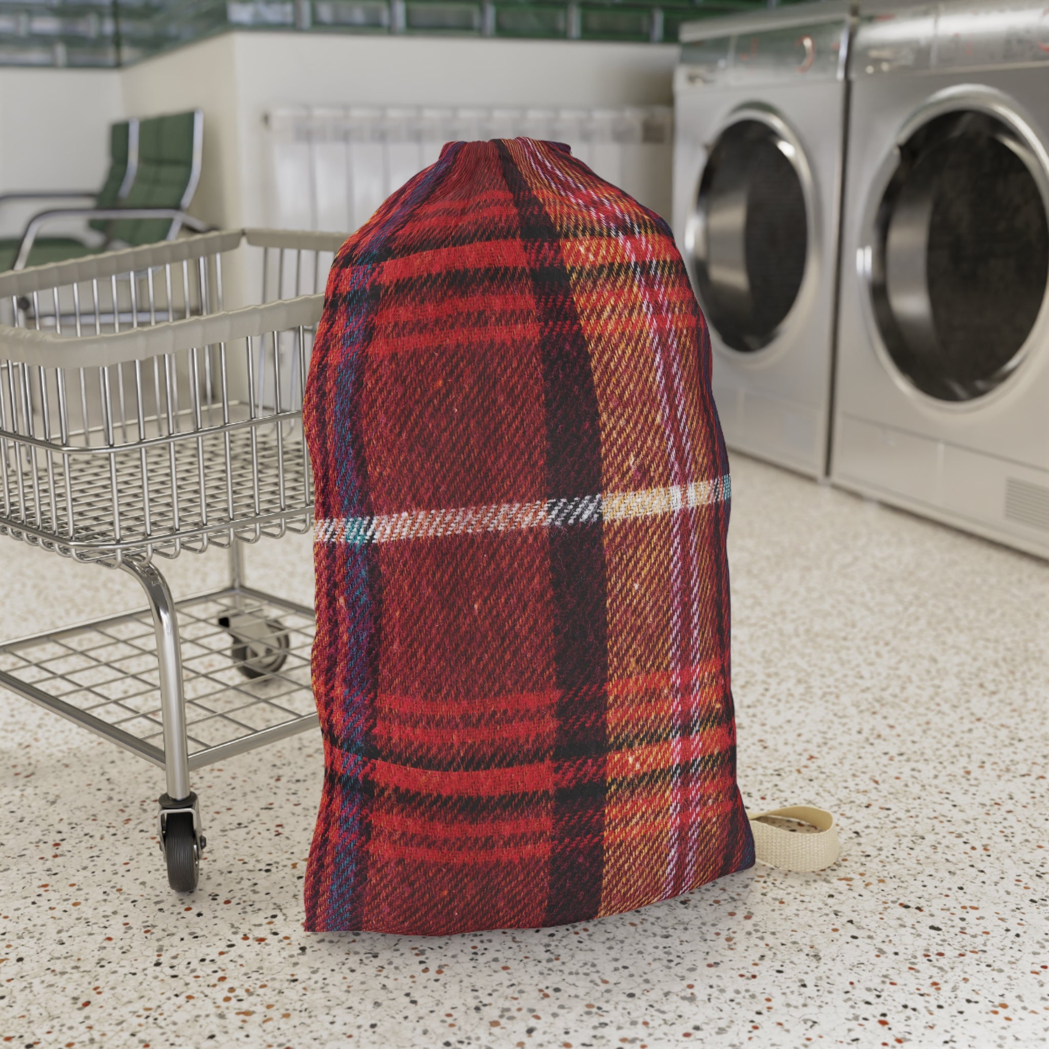 Plaid Laundry Bag — Red Brown Blue Tartan Drawstring Laundry Tote