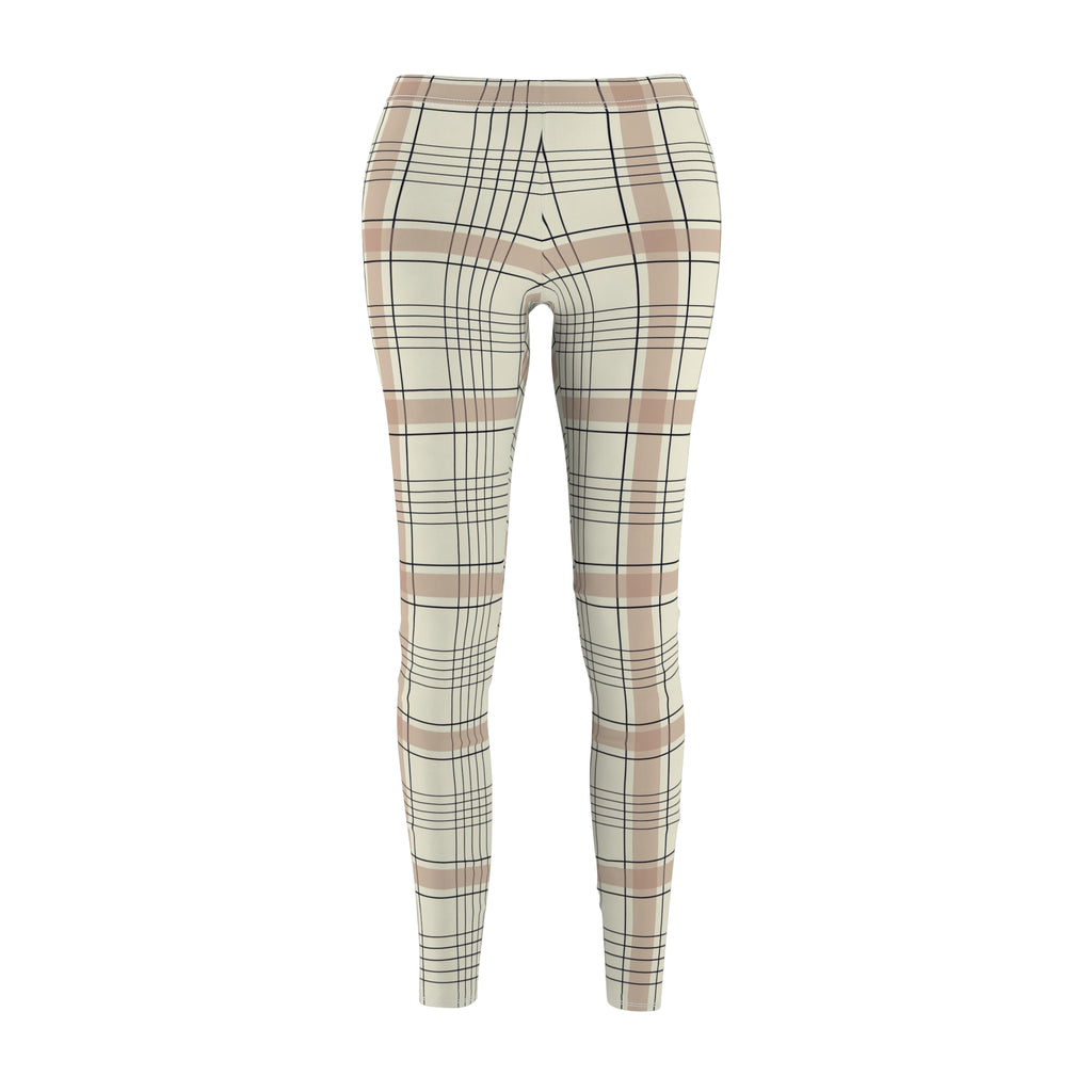 Plaid leggings in a cream, beige, and dusty pink colorway with thin black and white intersecting lines, shown on a plain white background.