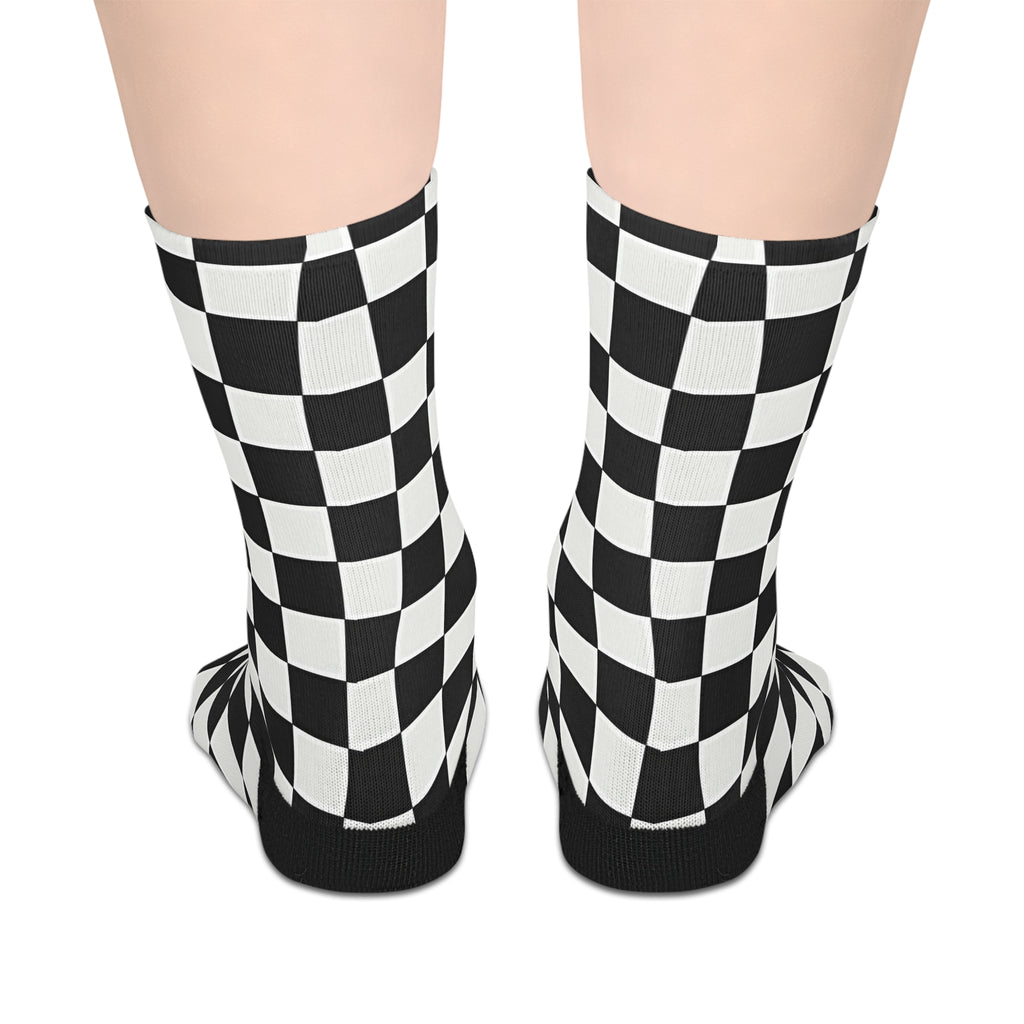 Checkerboard Mid-Length Socks — Black & White Retro Skate Crew