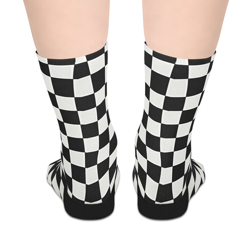 Checkerboard Mid-Length Socks — Black & White Retro Skate Crew