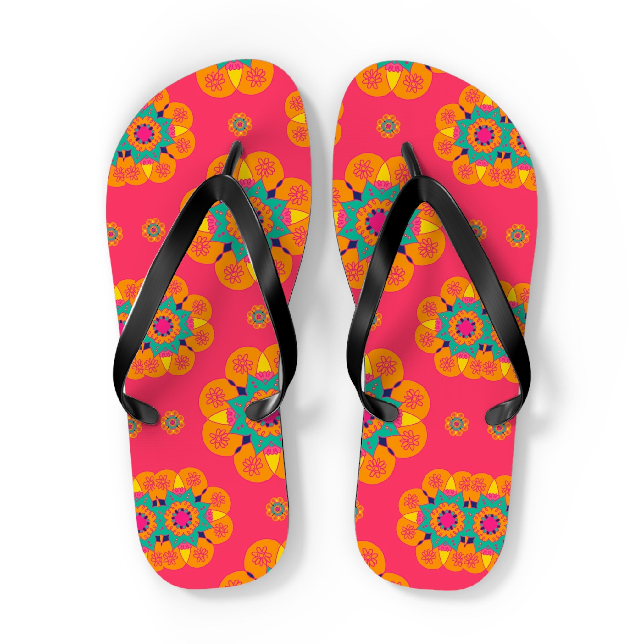 Floral Mandala Flip Flops – Bright Pink Tropical Beach Sandals