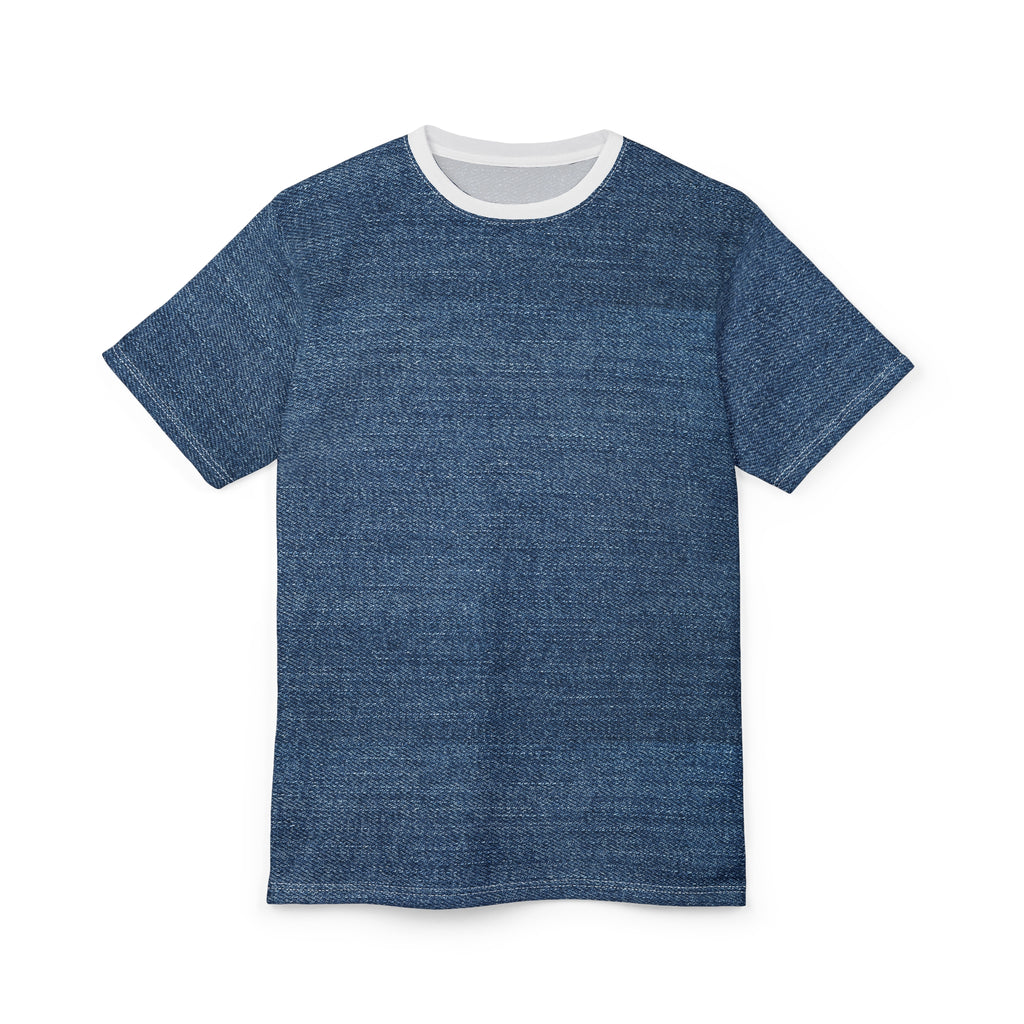 A short-sleeve crewneck t-shirt with a textured blue heathered pattern and a contrasting white inner collar, shown flat on a white background.