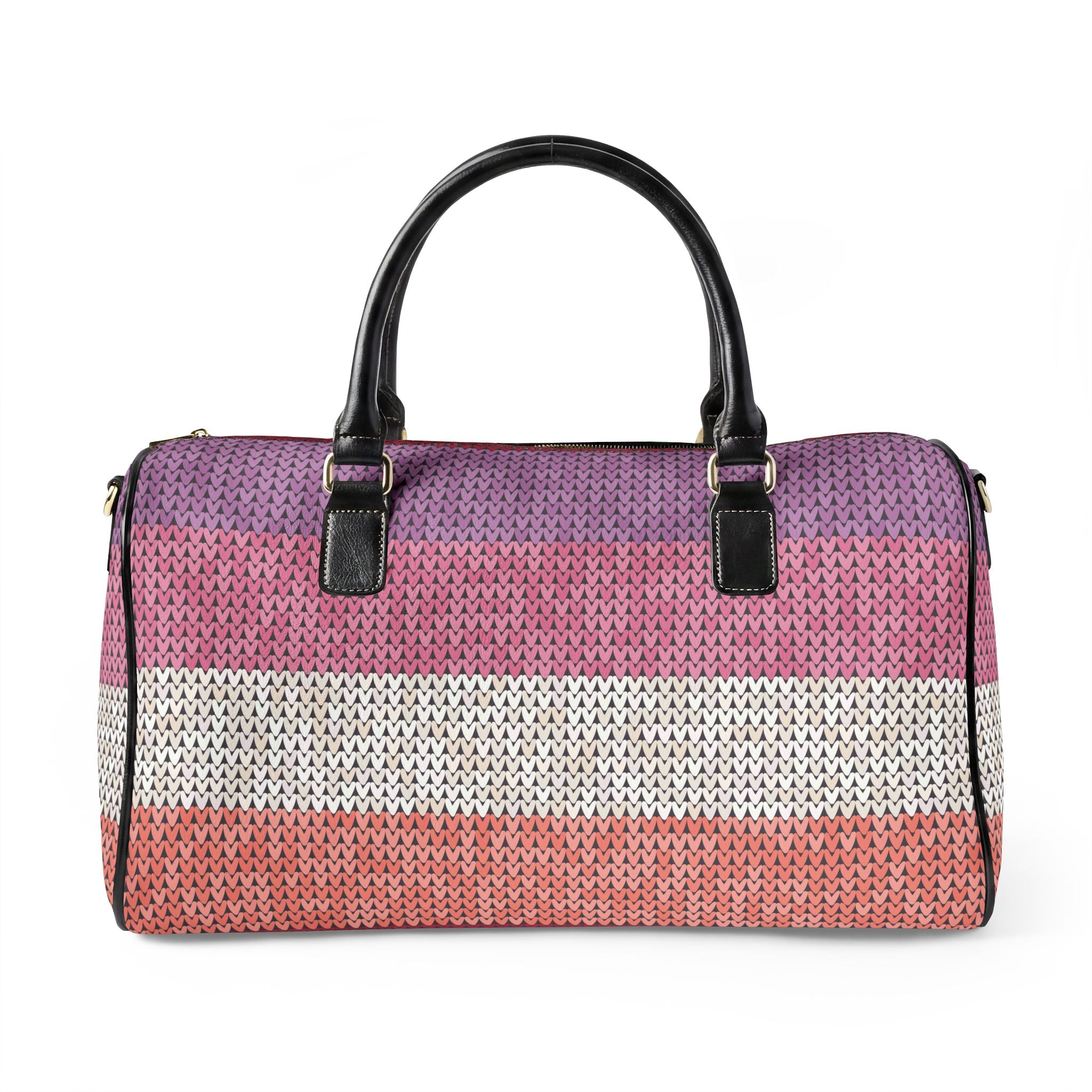A woven duffle bag with horizontal stripes in purple, pink, white, and coral, featuring black leather top handles and hardware, shown against a plain white background.