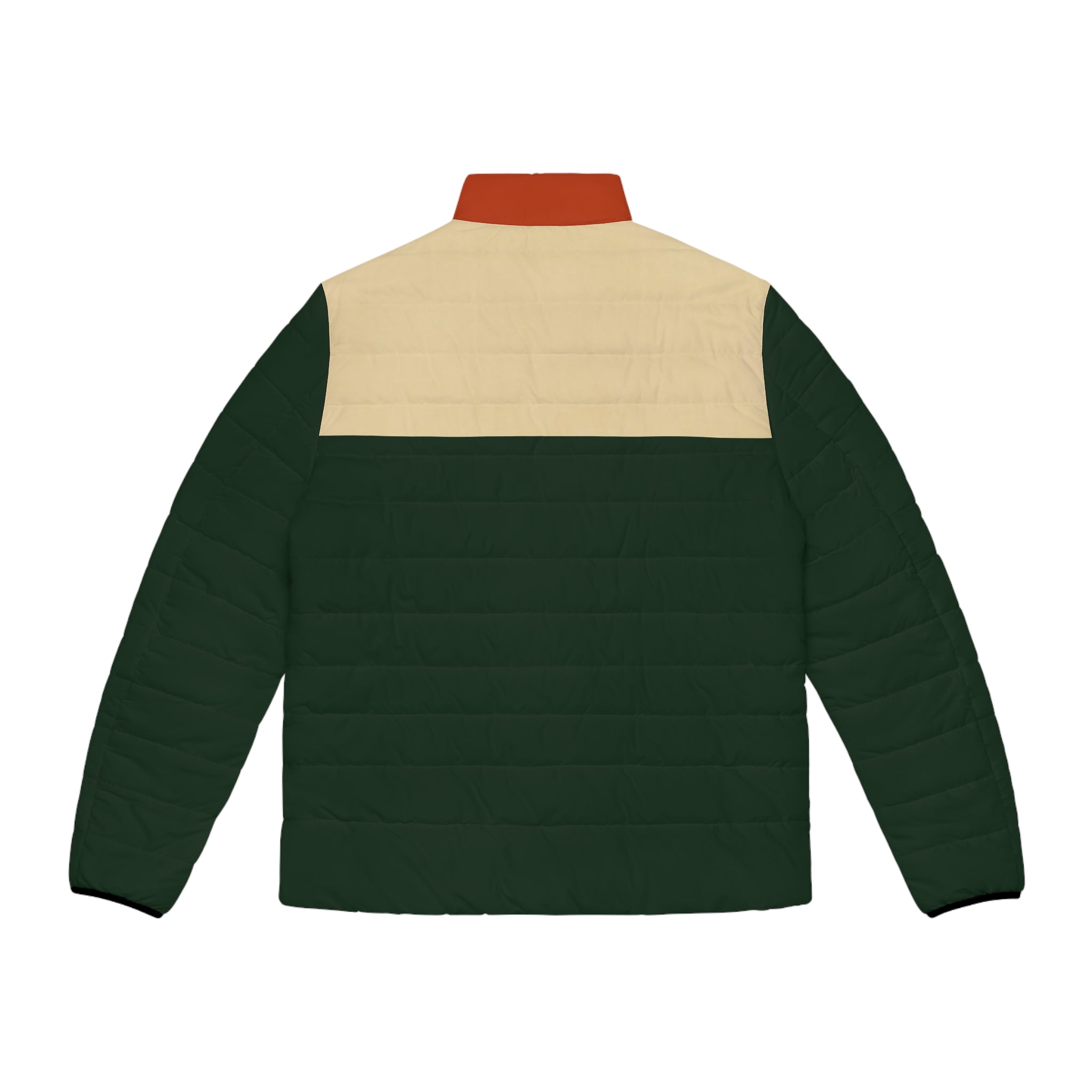 A dark green quilted puffer jacket with a contrasting beige yoke and collar, shown from the back on a solid white background.