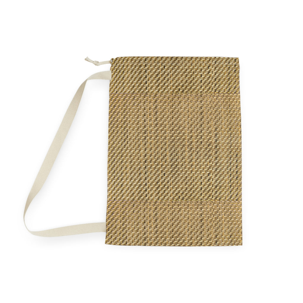 A woven rectangular bag or pouch in a natural tan and beige textured material, featuring a light cream strap and zipper pull, shown on a plain white background.