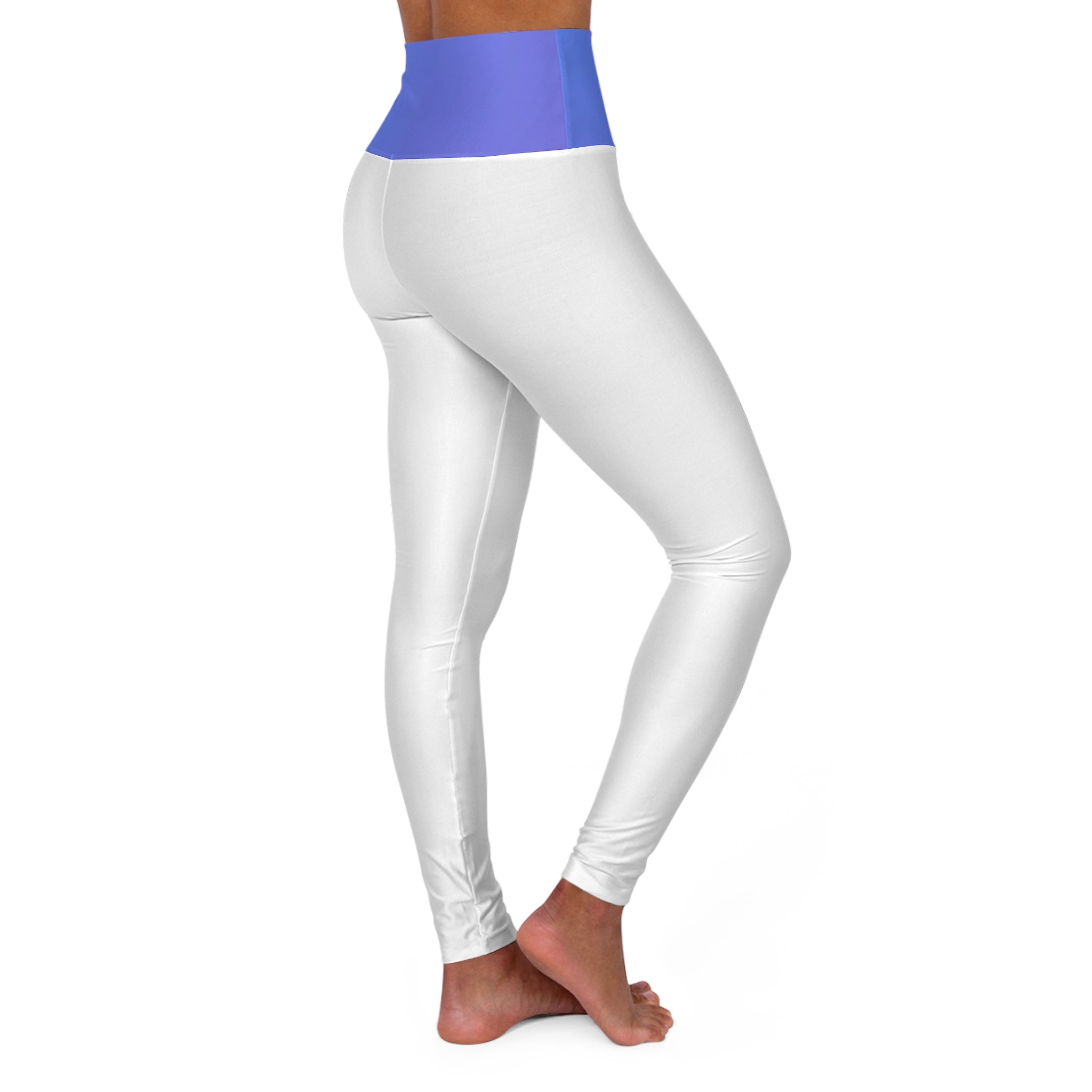 White high-waisted leggings with a contrasting light purple waistband, shown on a model from the back against a plain white background.