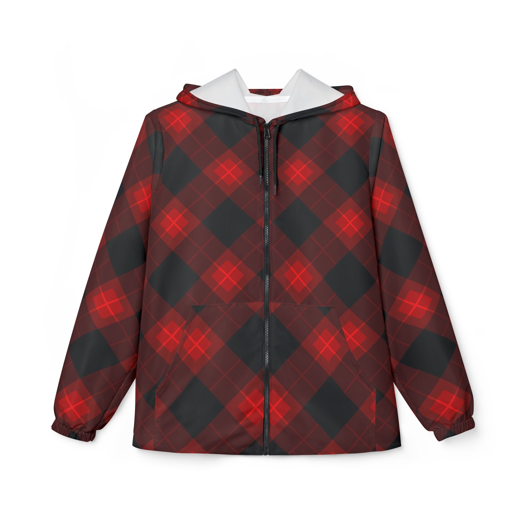 Plaid Windbreaker Jacket — Red & Black Buffalo Check Hooded Windbreaker