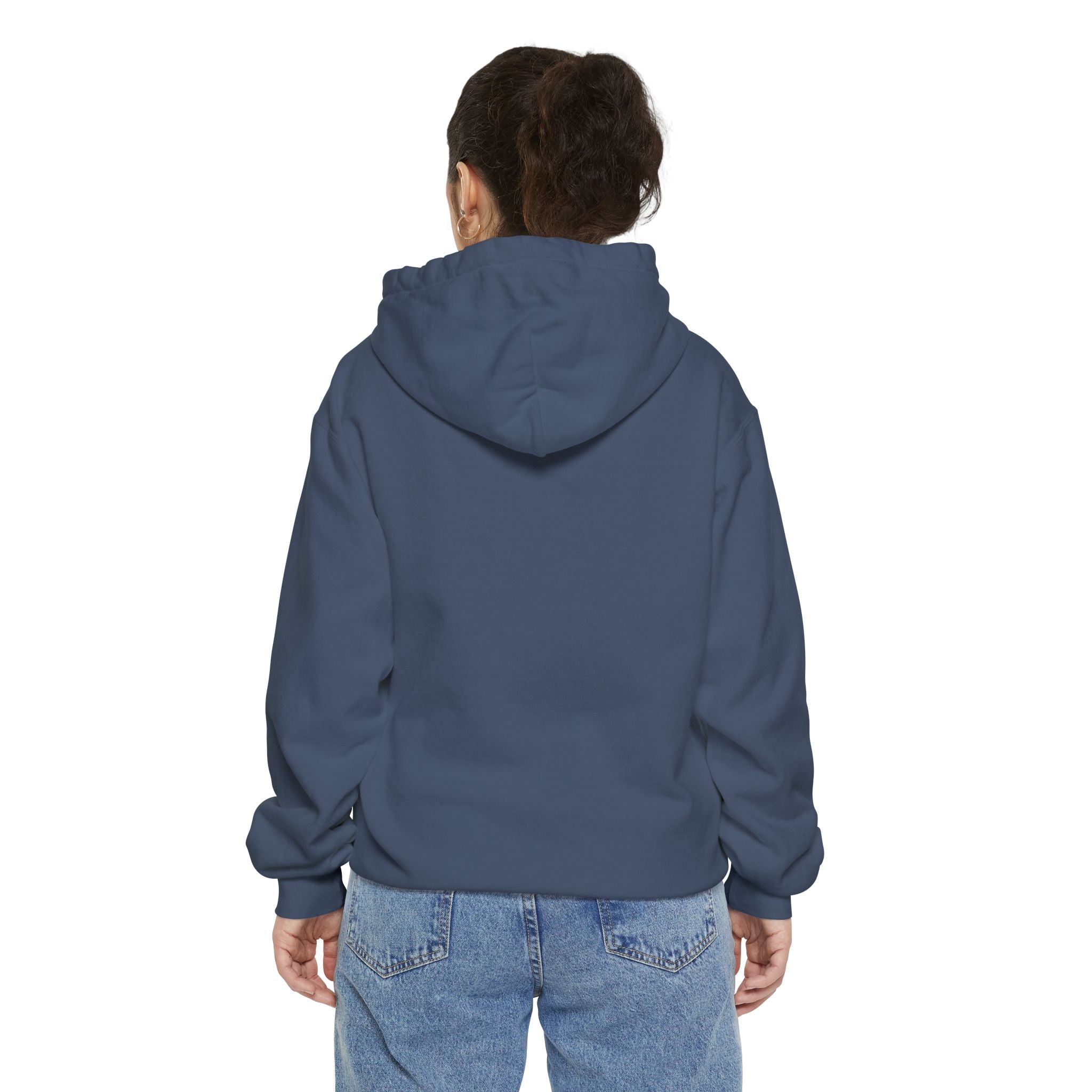 Person wearing a blue hoodie from behind on a white background