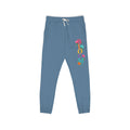 Blue sweatpants with colorful text design on a white background