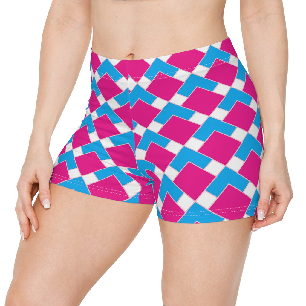 Geometric Pink & Blue Women's Shorts — Bold Checkered Pattern Activewear