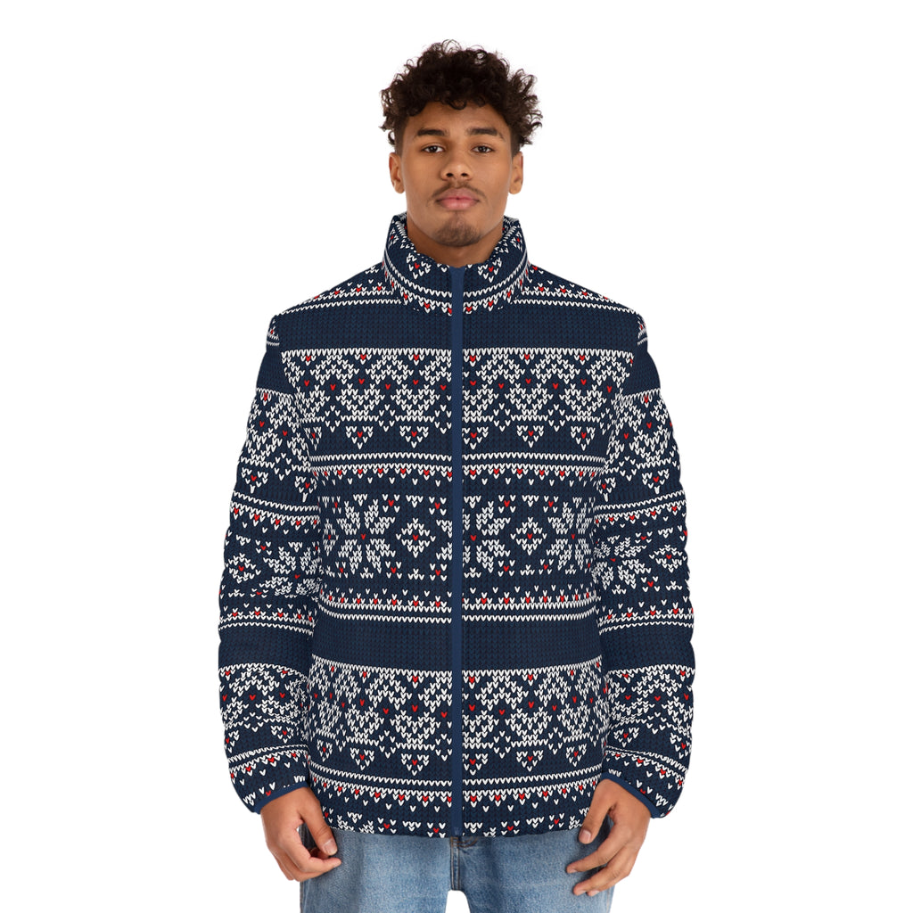 Nordic Fair Isle Pattern Puffer Jacket | Navy All-Over Print