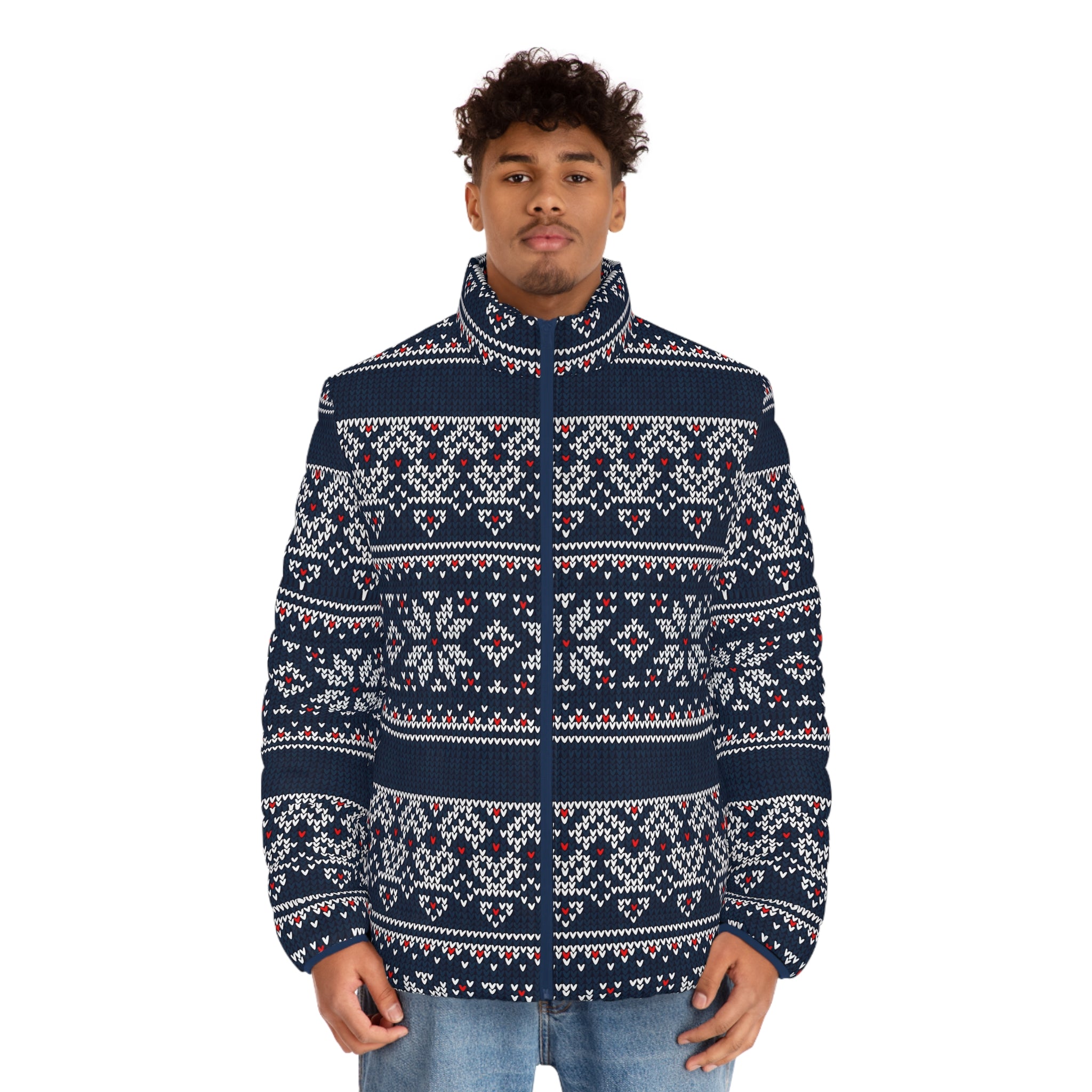 Nordic Fair Isle Pattern Puffer Jacket | Navy All-Over Print