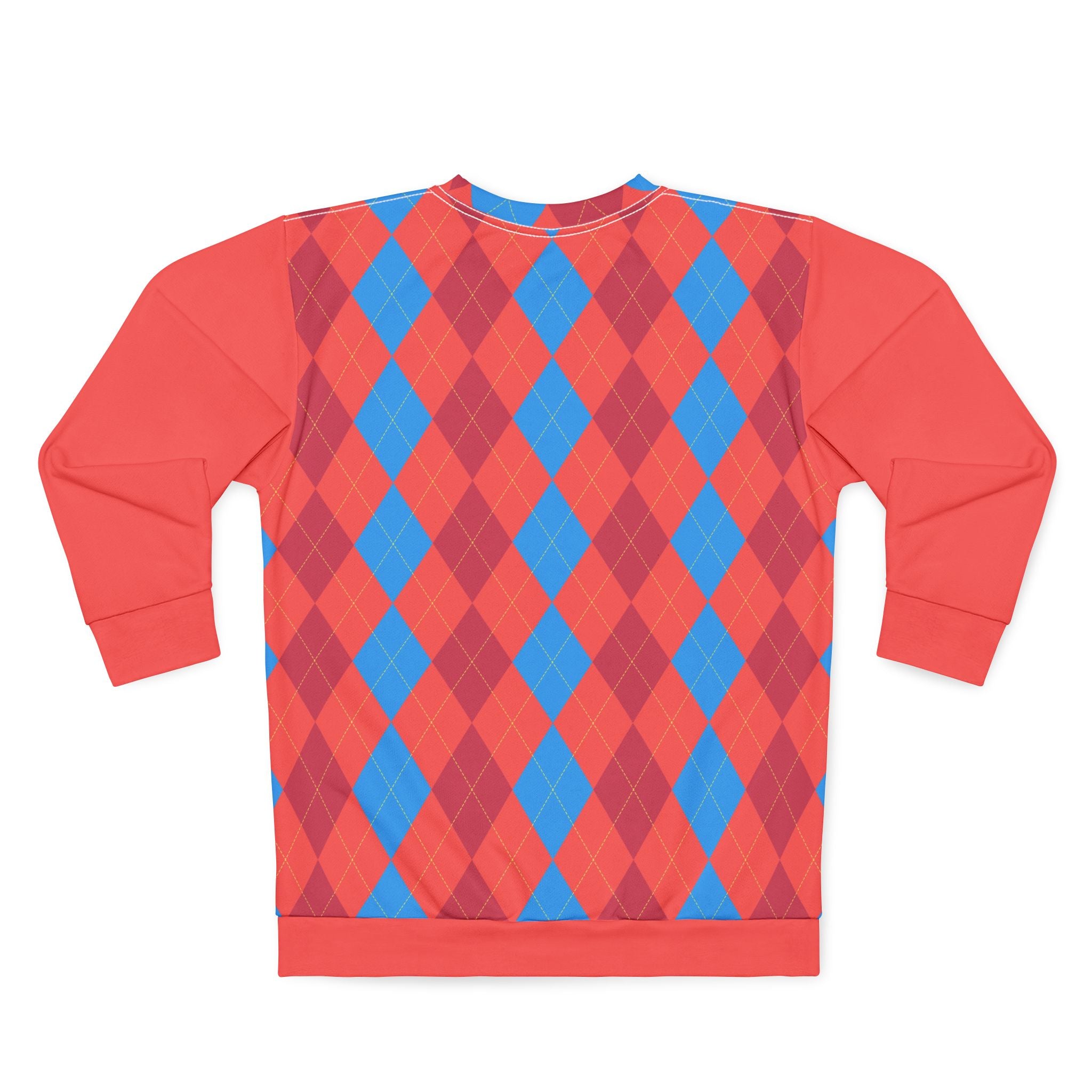 A long-sleeve crewneck sweatshirt shown flat against a white background, featuring a vibrant argyle pattern on the front with alternating red, magenta, and blue diamonds, and solid coral-red sleeves and hem.