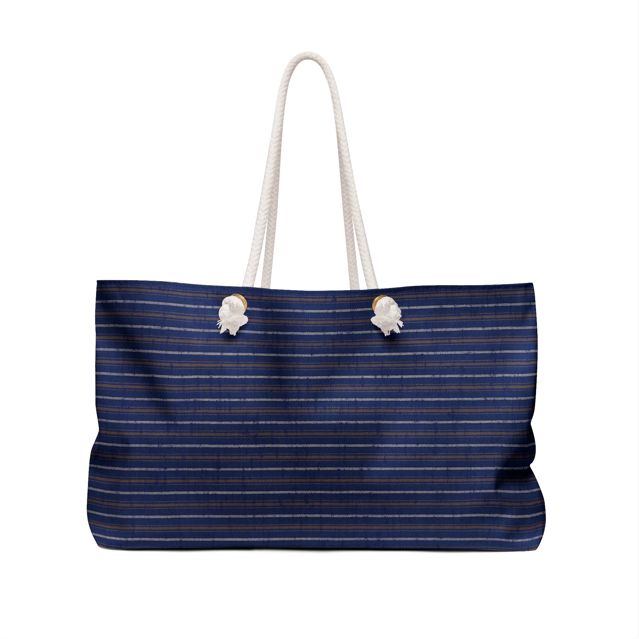 A navy blue tote bag with thin white and gold pinstripes, featuring thick white rope handles and two white decorative shell accents near the top.