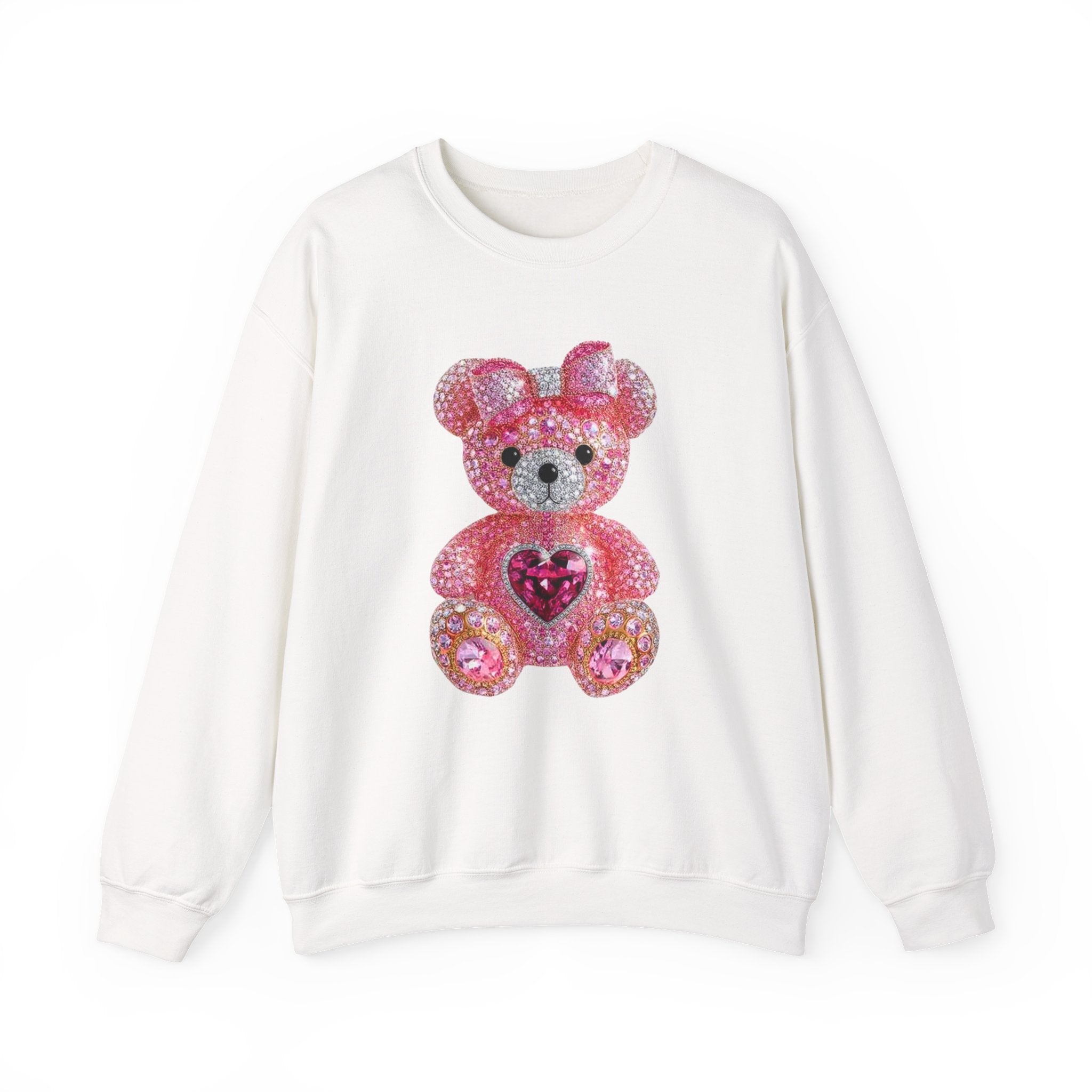 Pink Sequin Teddy Bear Sweatshirt | Heart Patch, Cute Plush Graphic