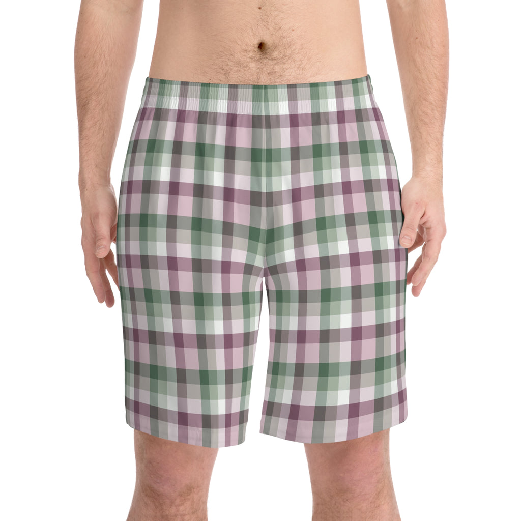 Men's Plaid Beach Shorts — Pastel Green & Mauve