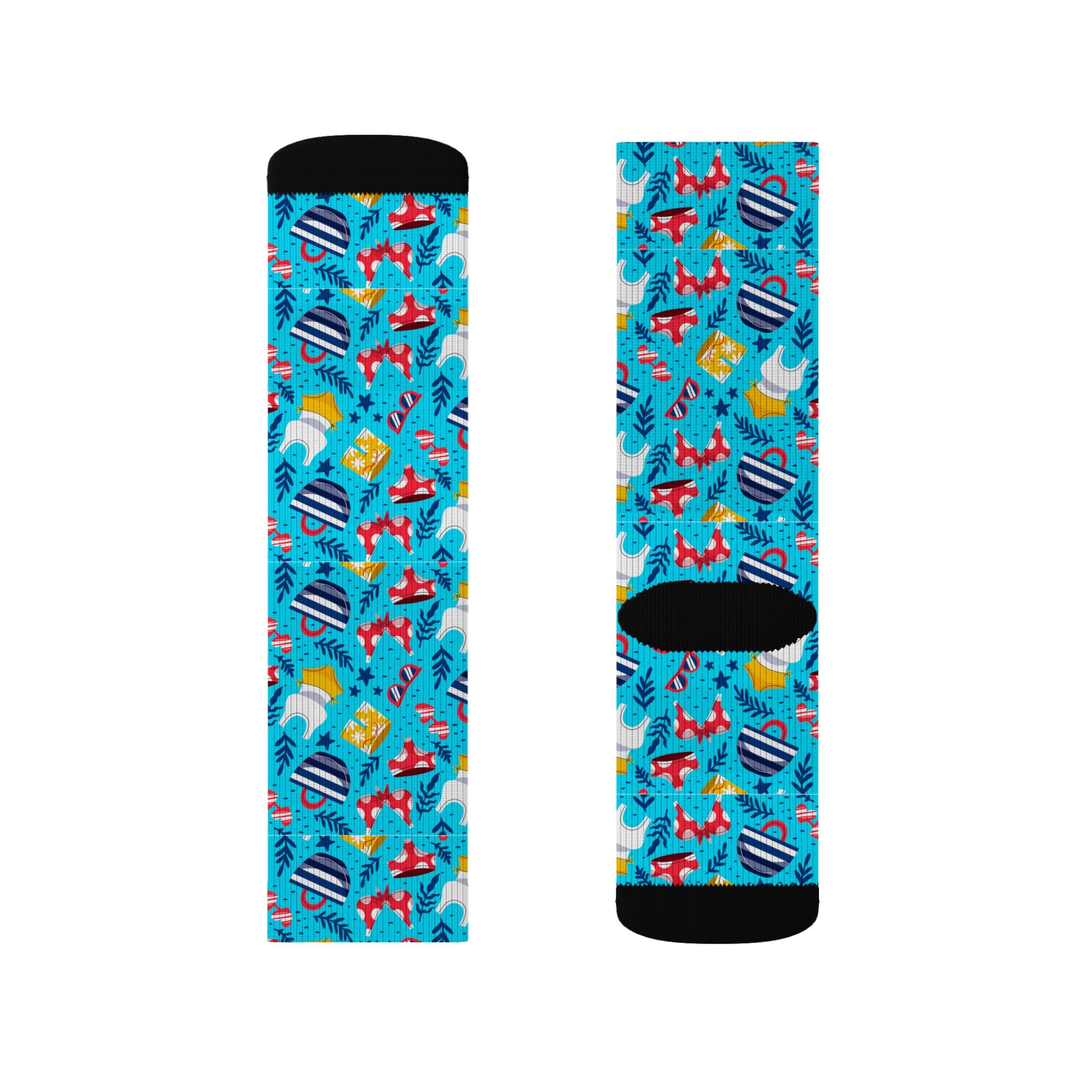 Blue Tropical Flamingo Socks – Sublimation Crew Socks with Palm Leaves & Hibiscus Print