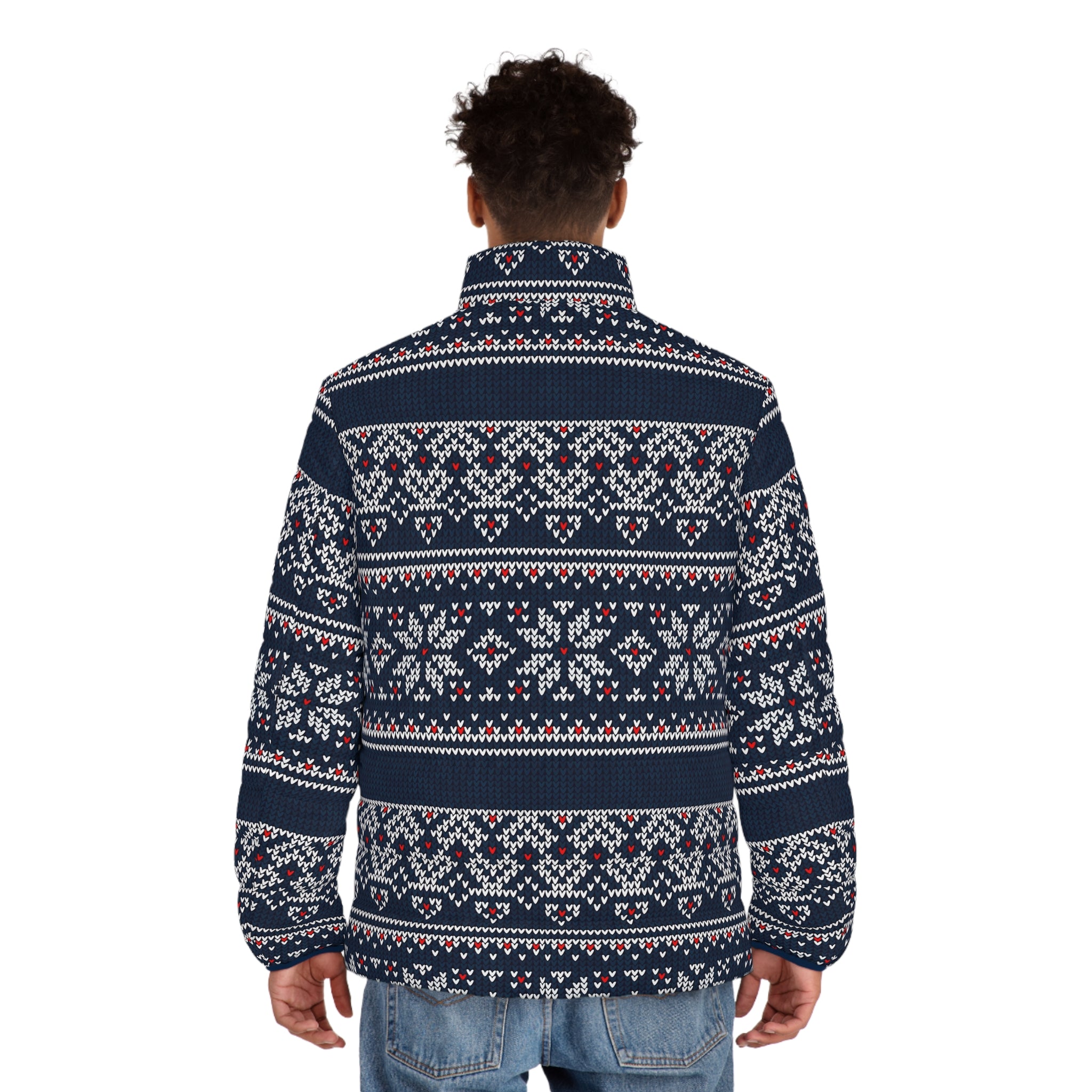 Nordic Fair Isle Pattern Puffer Jacket | Navy All-Over Print