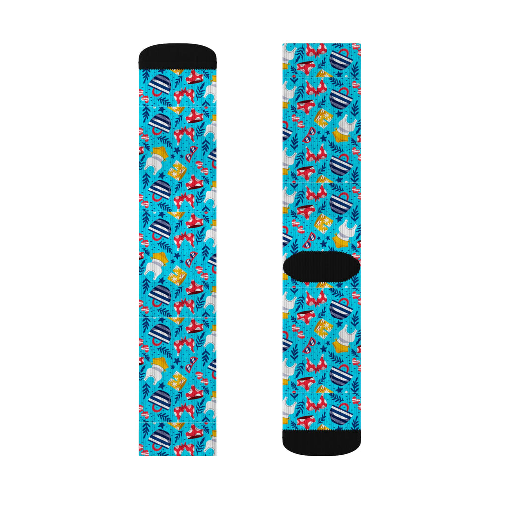 Blue Tropical Flamingo Socks – Sublimation Crew Socks with Palm Leaves & Hibiscus Print