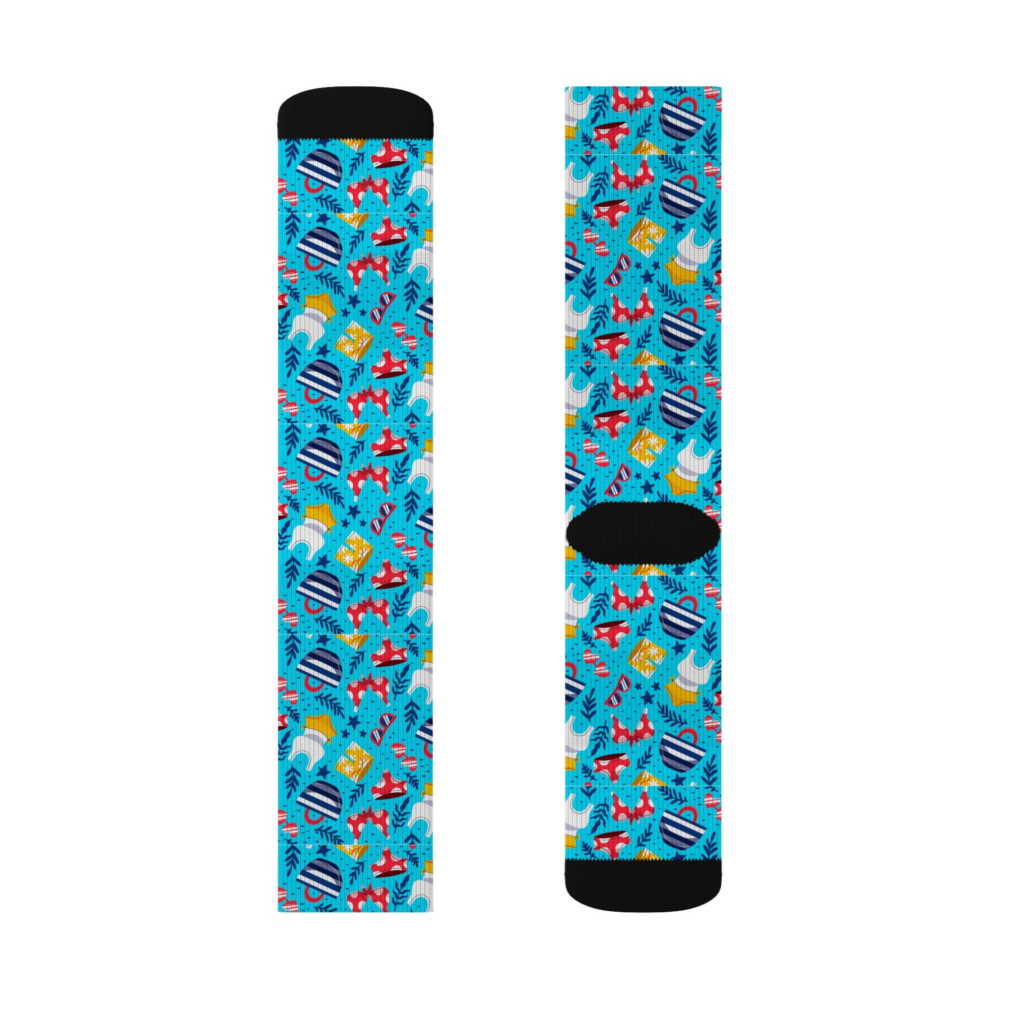 Blue Tropical Flamingo Socks – Sublimation Crew Socks with Palm Leaves & Hibiscus Print