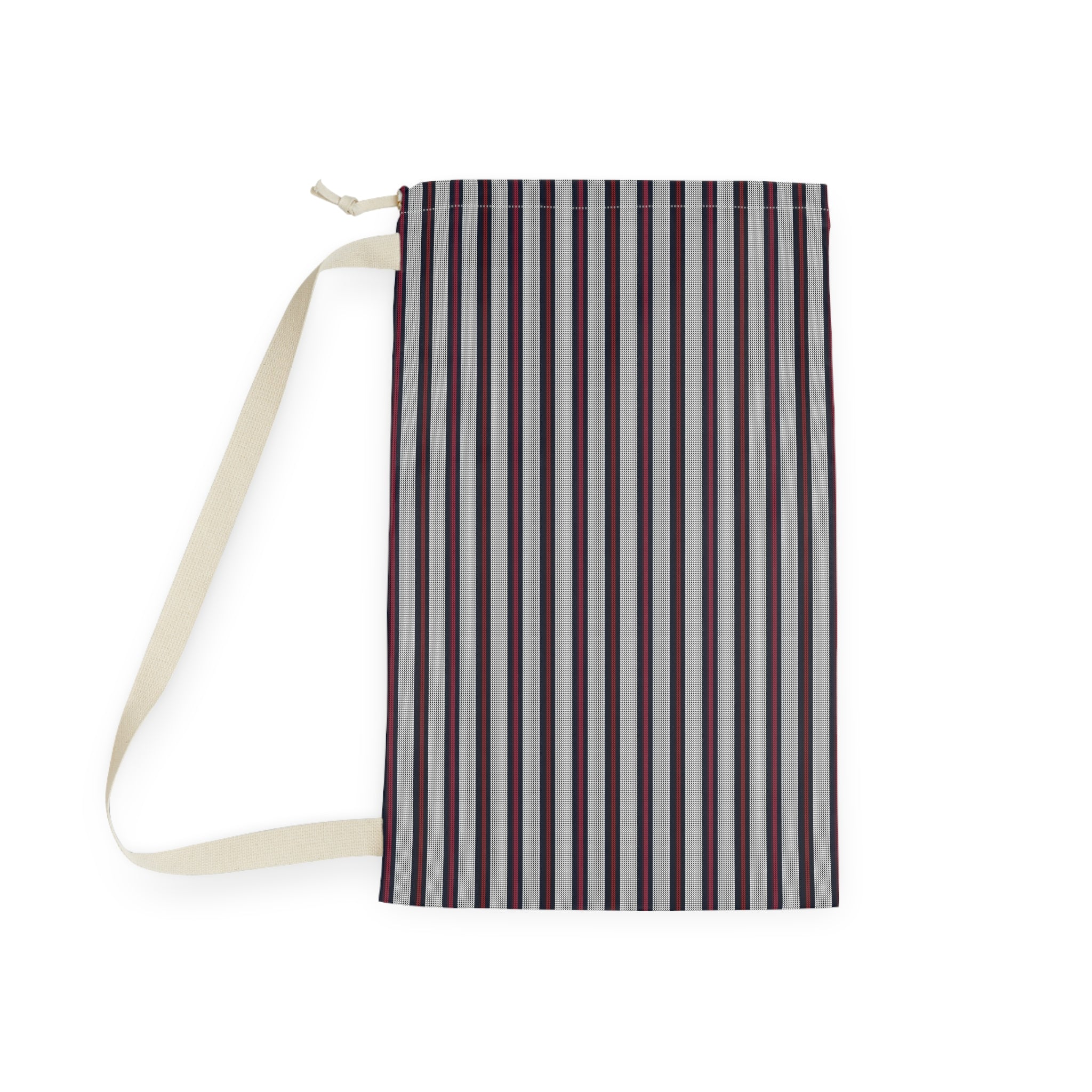 A drawstring pouch with a vertical stripe pattern in dark brown, light gray, and white, featuring a cream-colored strap and zipper pull, shown on a plain white background.