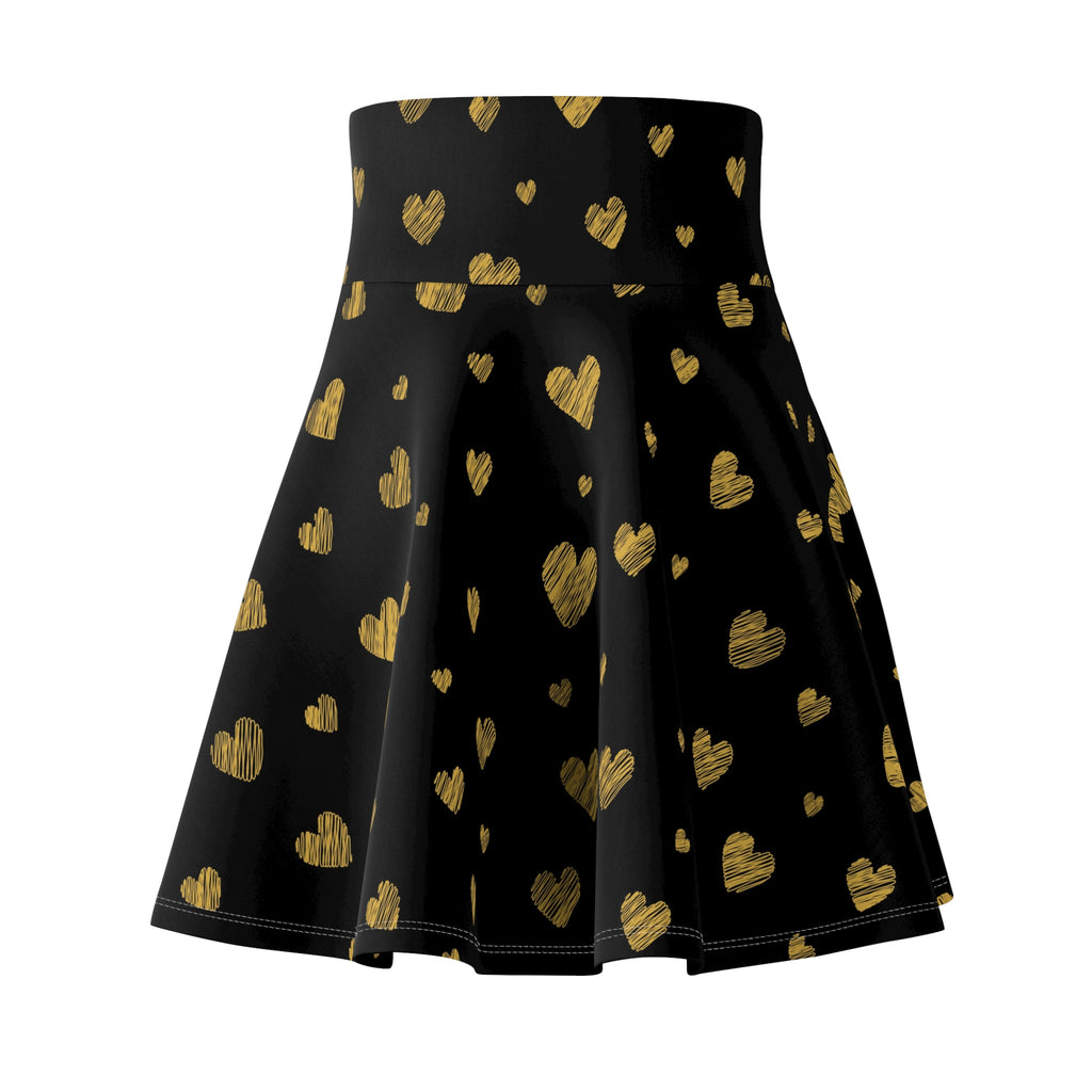 Gold Heart Pattern Skater Skirt | Black Gold Heart Print Skirt