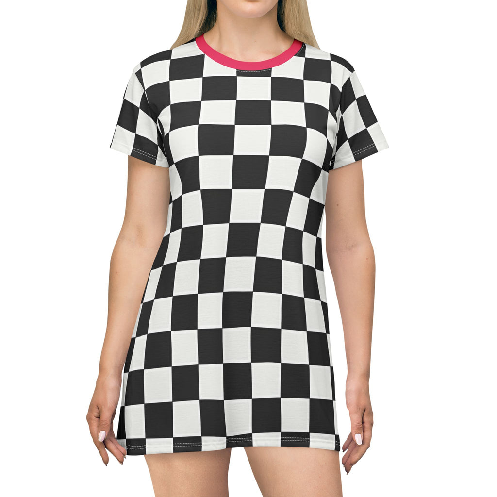 Checkerboard Pattern T-Shirt Dress – Black & White Retro Skate Style