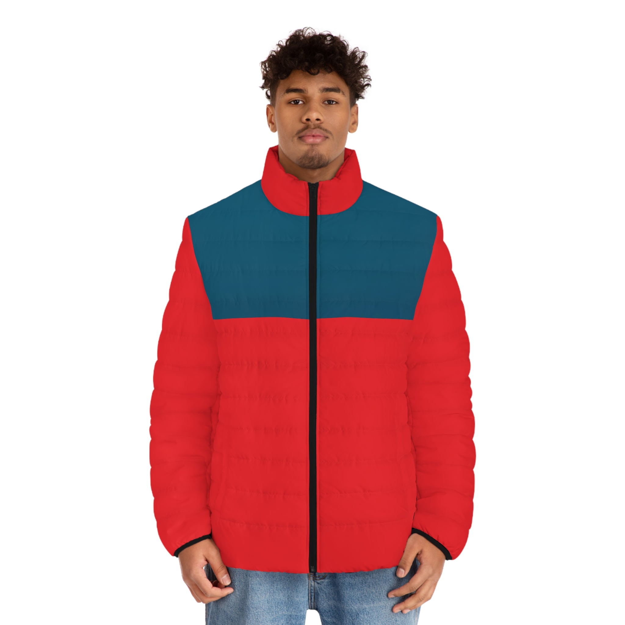 Men's Colorblock Puffer Jacket – Red & Teal Lightweight Insulated Coat