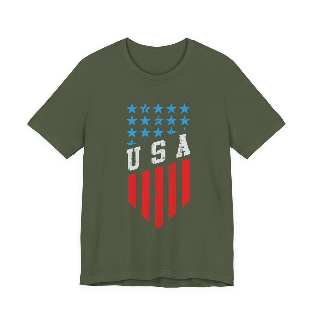 Green t-shirt with USA graphic design on a white background