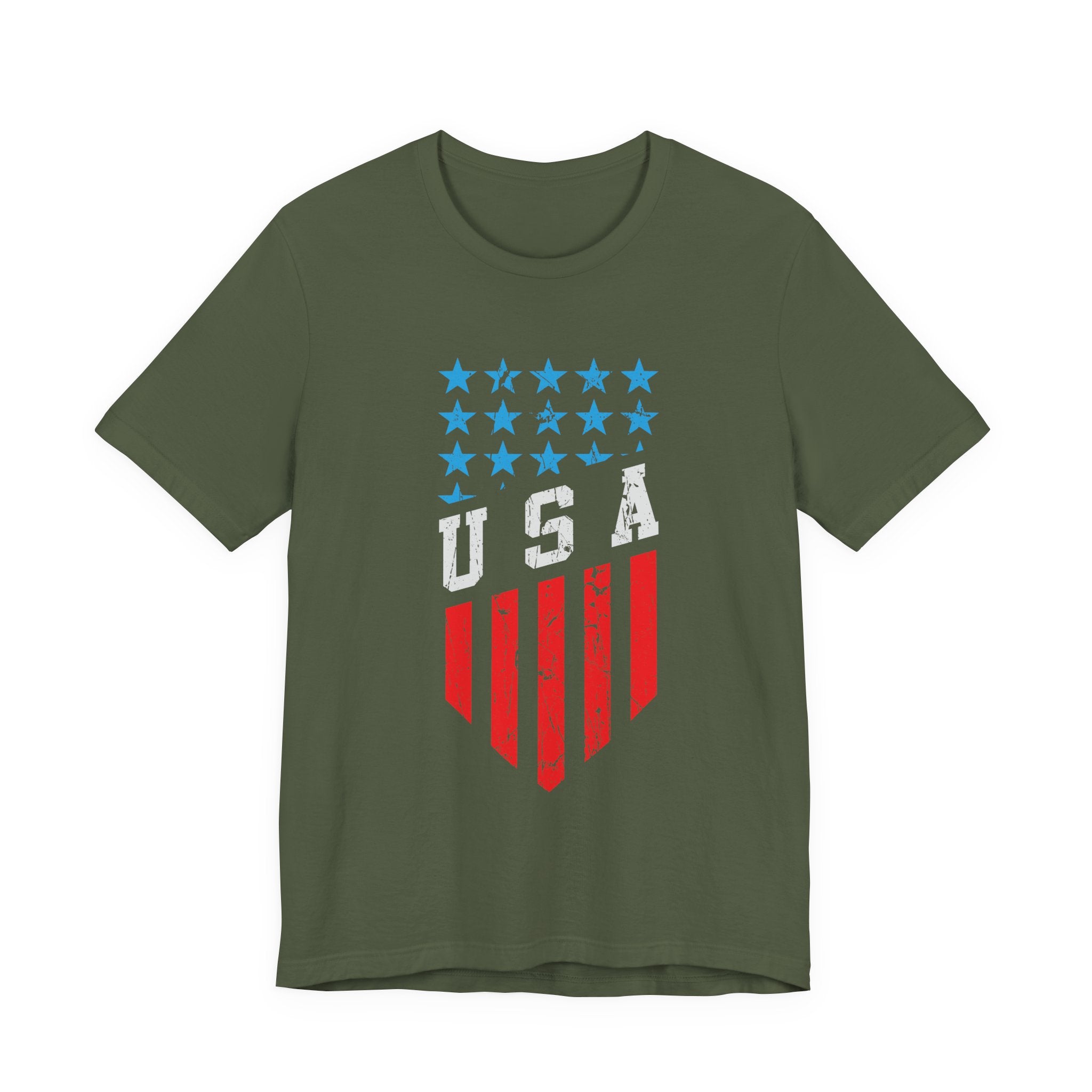 Green t-shirt with USA graphic design on a white background