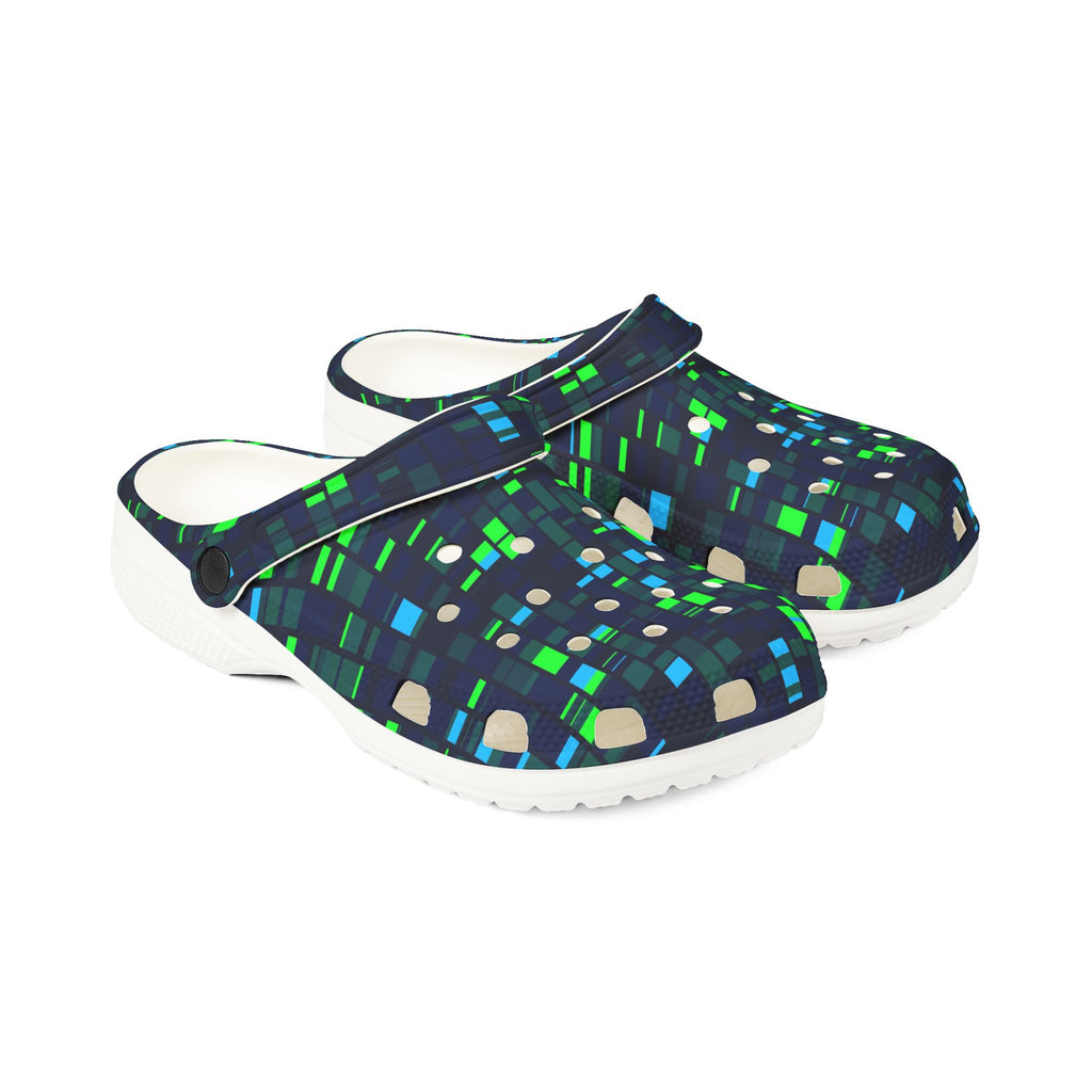 Pixel Grid Clogs — EVA Foam Slip-On Shoes with Green & Blue Digital Pattern