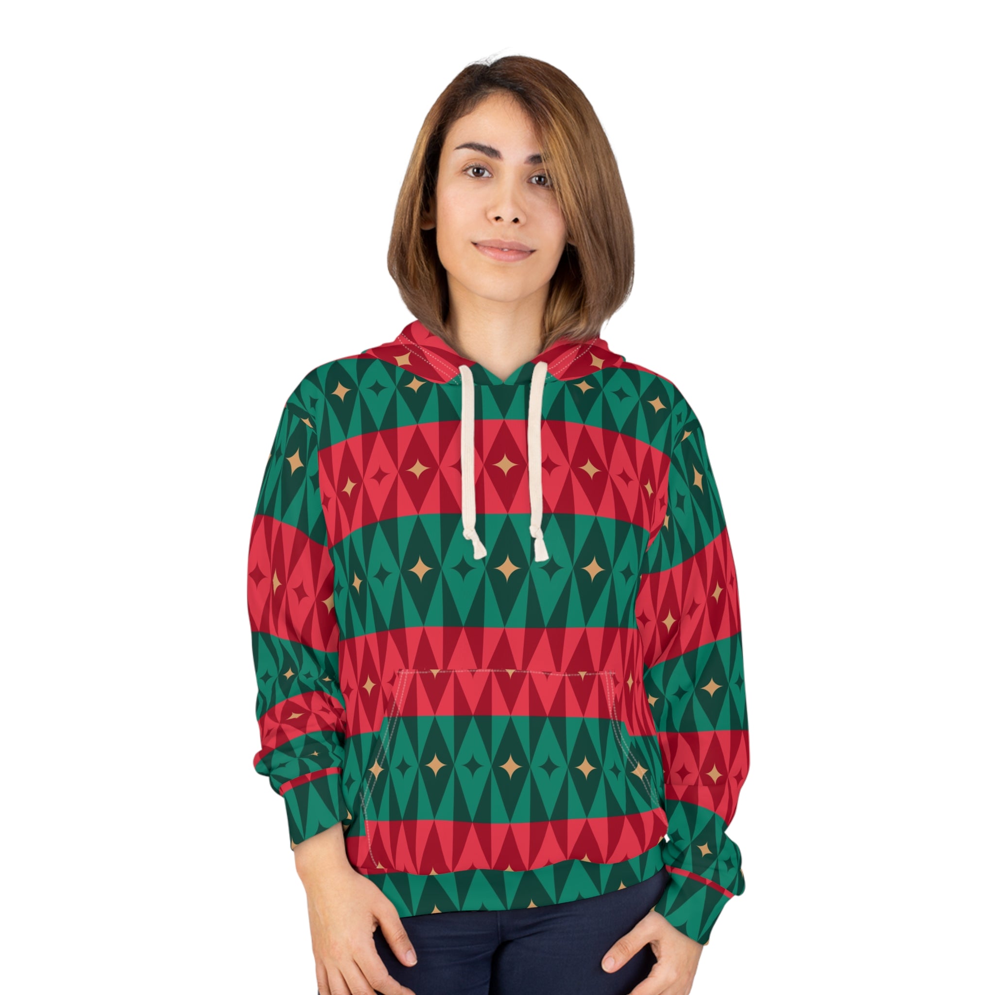 Red Green Geometric Diamond Hoodie | Holiday Aztec Pattern