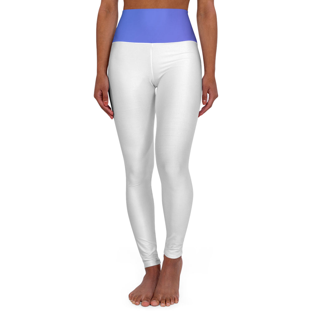 White high-waisted leggings with a contrasting light purple waistband, shown on a model from the waist down against a plain white background.