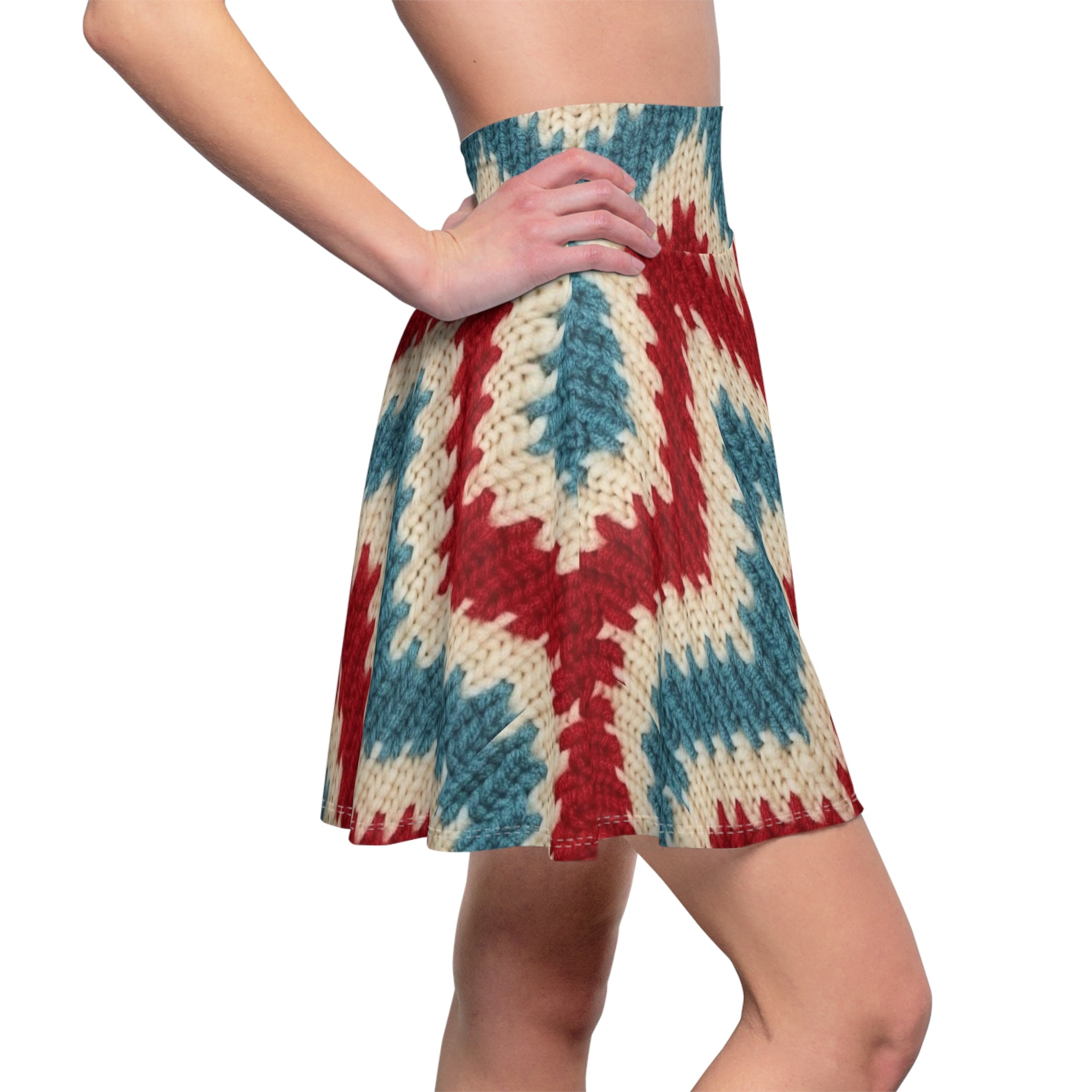Red Blue Knit Chevron Skater Skirt | All-Over Print