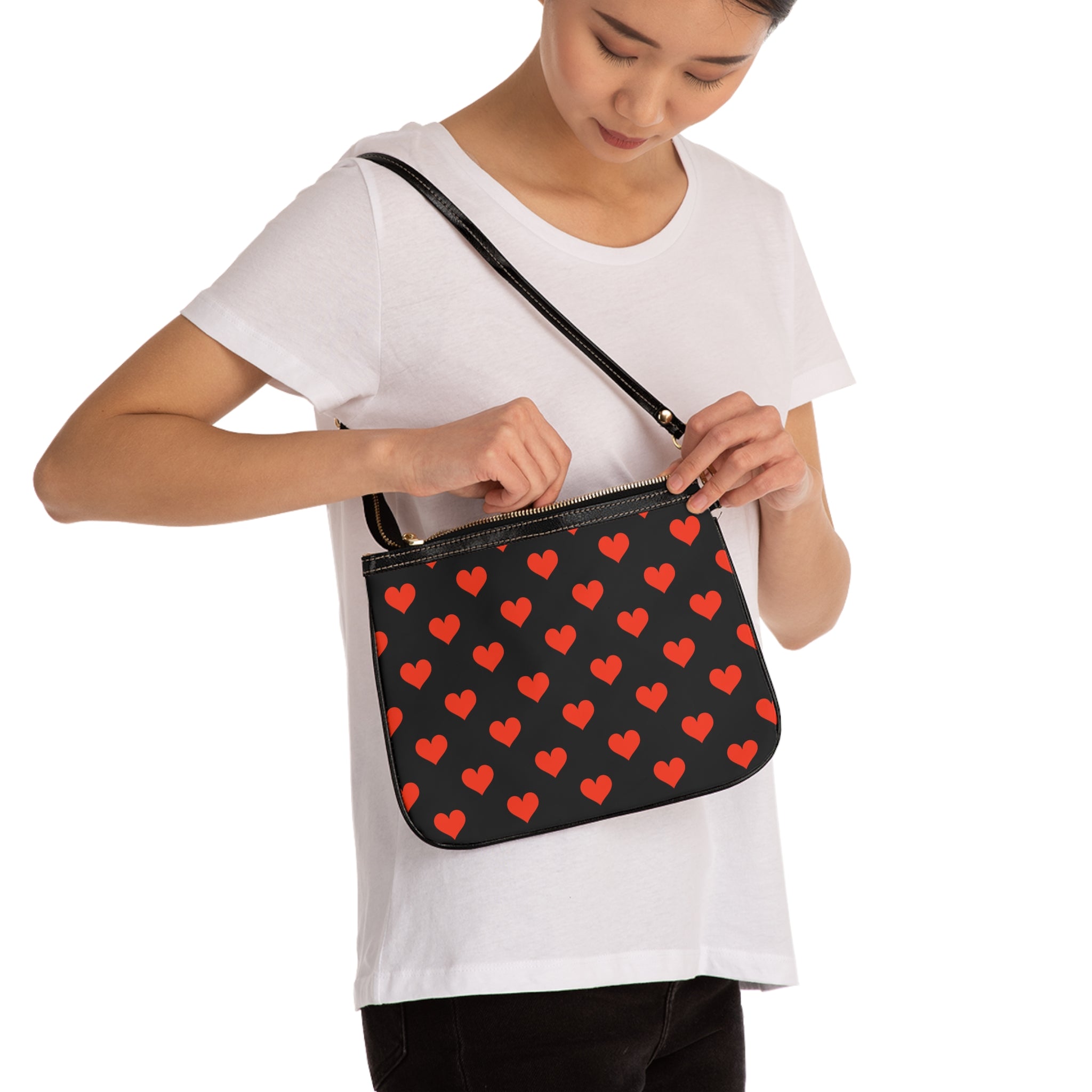 Red Heart Pattern Small Shoulder Bag | Black Crossbody Purse