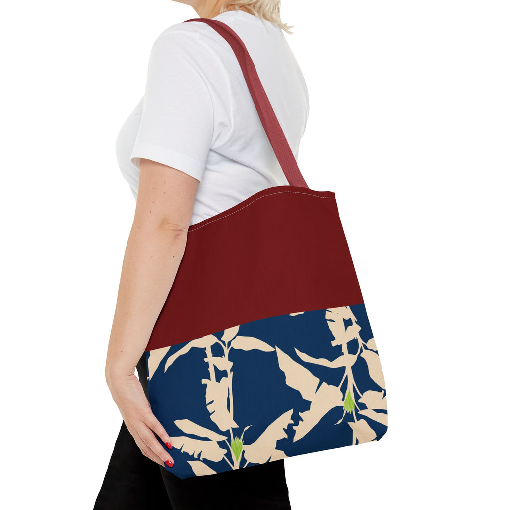 Red Navy Botanical Leaf Pattern Tote Bag