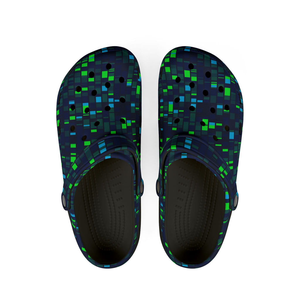 Pixel Grid Clogs — EVA Foam Slip-On Shoes with Green & Blue Digital Pattern