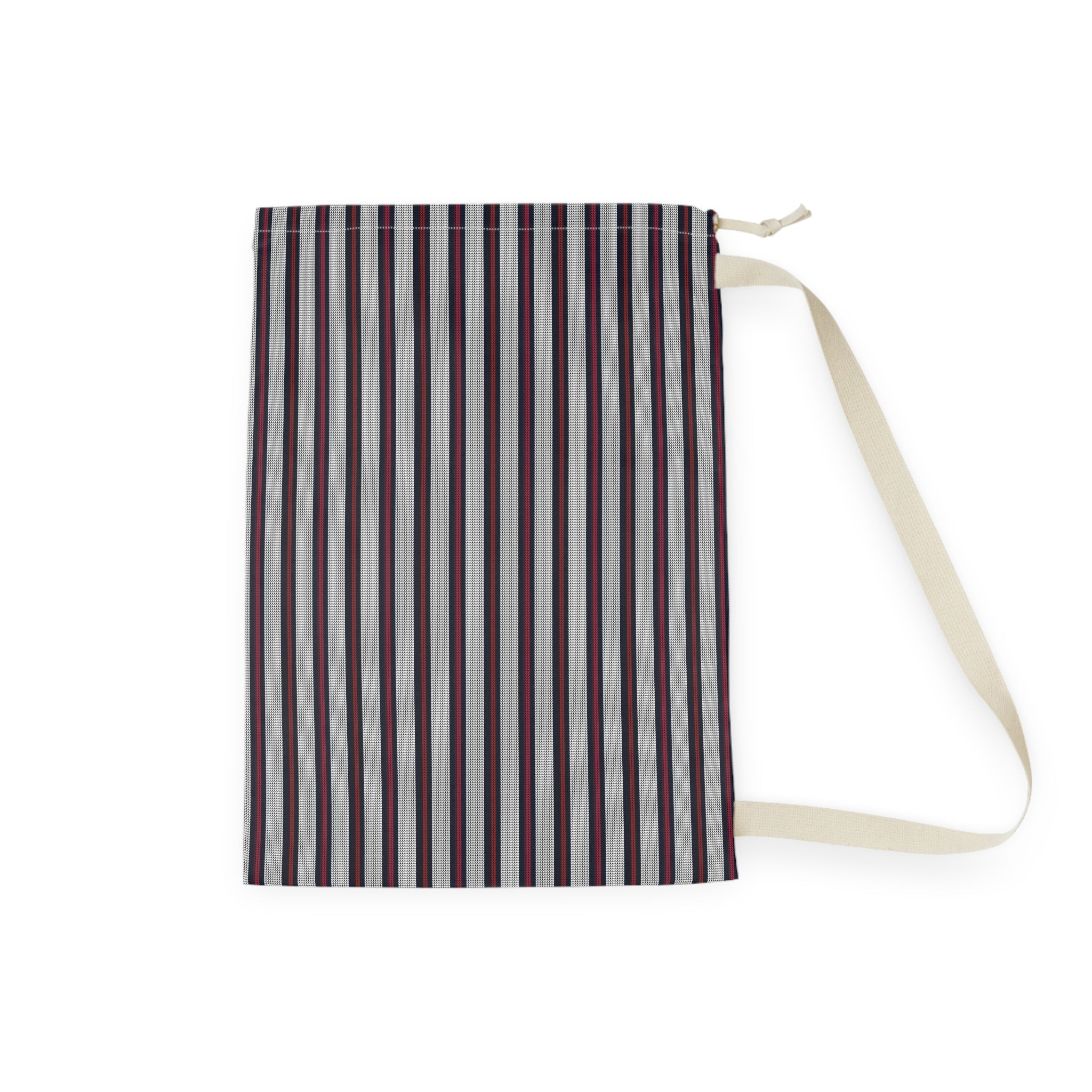 A vertical striped drawstring bag with a cream-colored shoulder strap, featuring stripes of dark red, white, and gray on a white background.