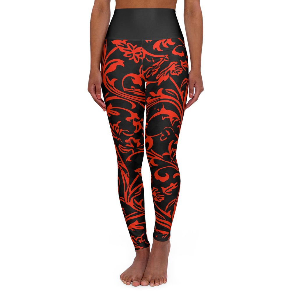 High-Waisted Yoga Leggings — Red Baroque Swirl Black