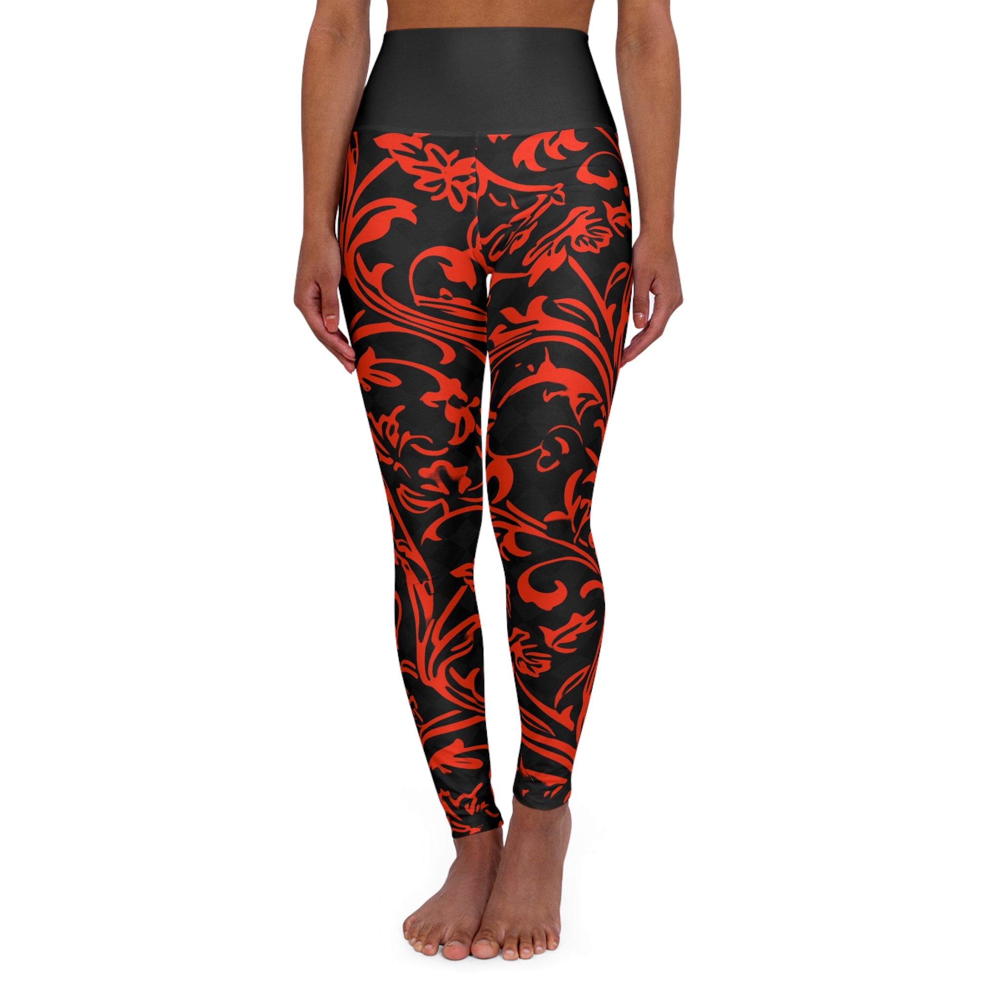 High-Waisted Yoga Leggings — Red Baroque Swirl Black