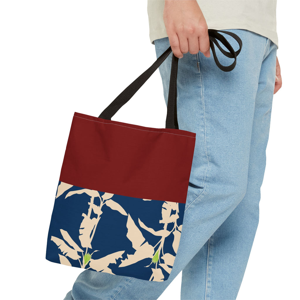 Red Navy Botanical Leaf Pattern Tote Bag